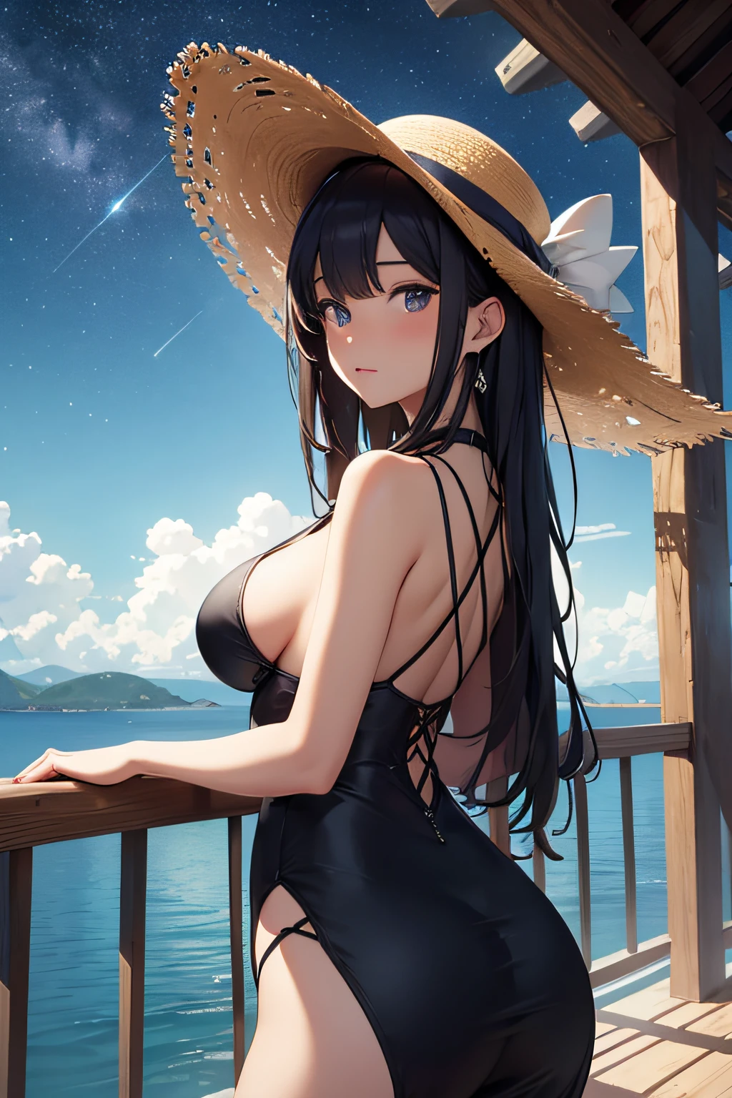 ​masterpiece、Massive landscape（（Mysterious Sea、starrysky、Meteor swarm））、20yr old、a beauty girl、Highly detailed one-piece、huge tit、a straw fedora hat、Farbe々Pose、