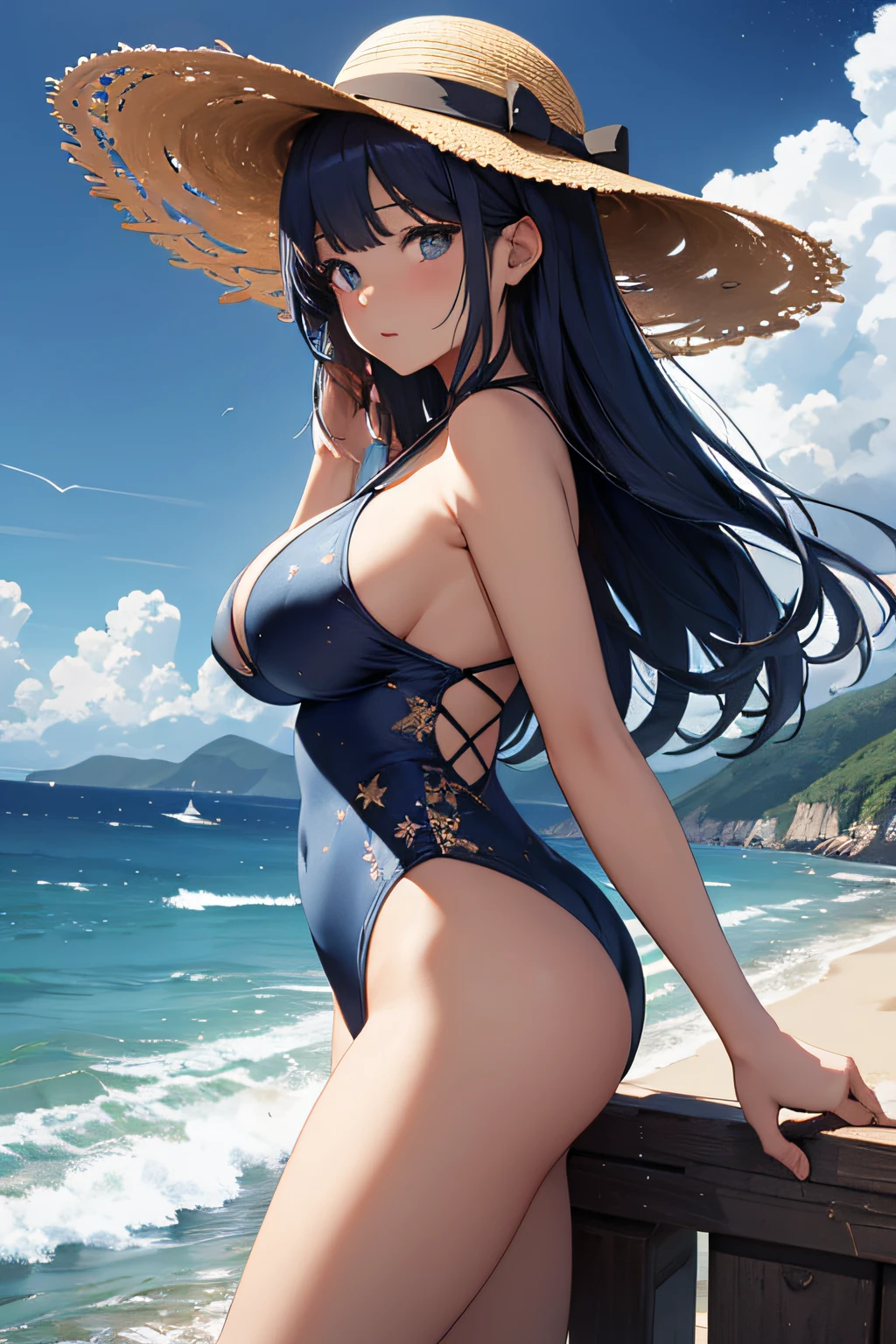 ​masterpiece、Massive landscape（（Mysterious Sea、starrysky、Meteor swarm））、20yr old、a beauty girl、Highly detailed one-piece、huge tit、a straw fedora hat、Farbe々Pose、