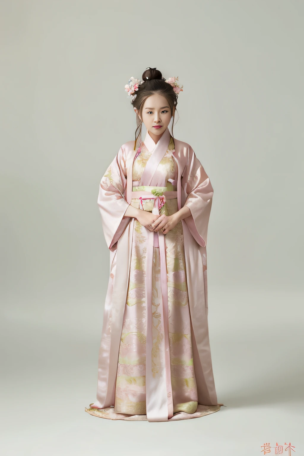 A woman in a pink and white dress stands in front of a gray background, Hanfu, Wearing ancient Chinese clothes, with acient chinese clothes, Traditional Chinese clothing, classical robes, White Hanfu, pale and coloured kimono, Palace ， A girl in Hanfu, Tang dynasty, inspired by Tang Di, wearing a long flowing robe, inspired by Gu An