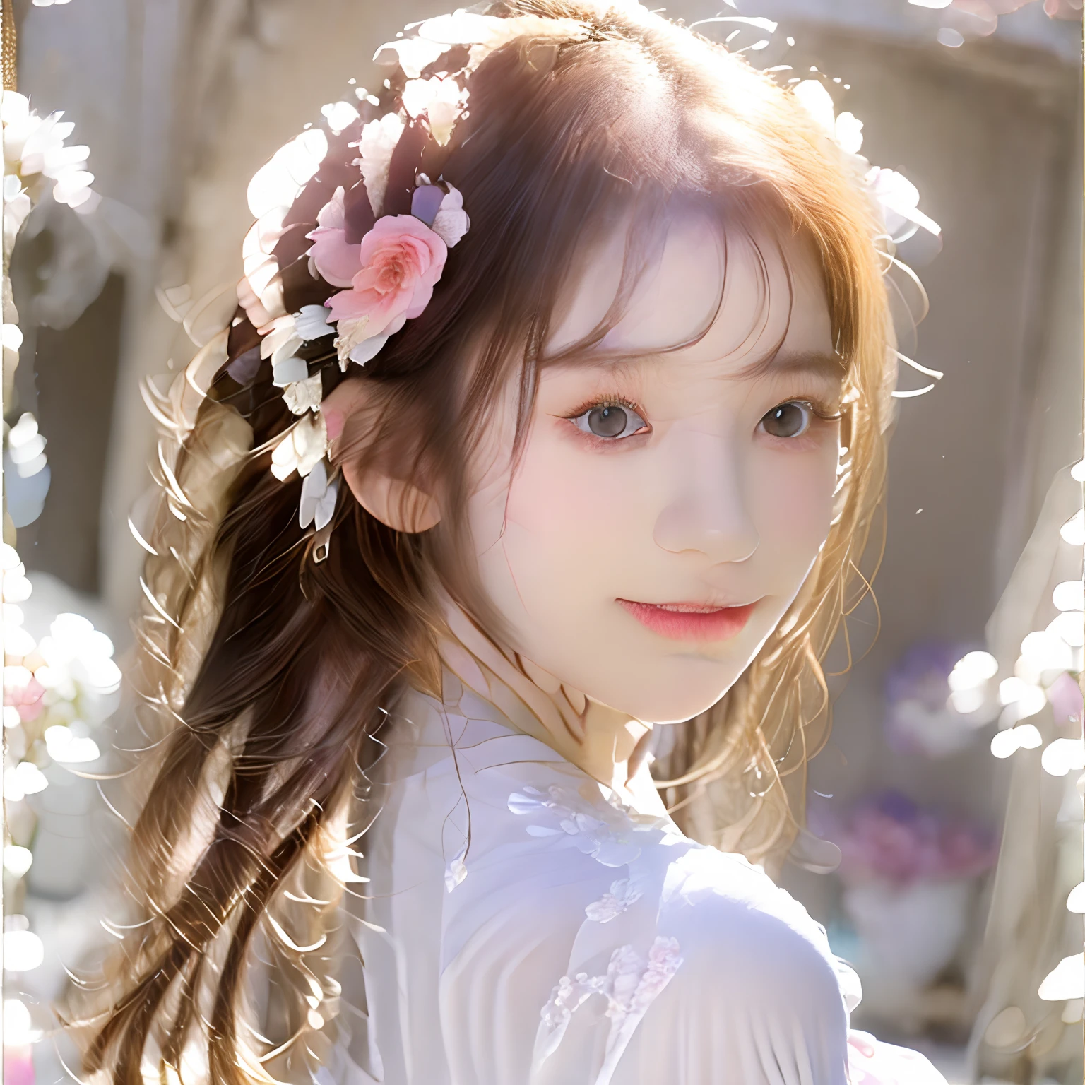 high-level image quality、caucasian female、Blonde short bob hair tied with a ribbon、Pale blue gradient background big、Wearing black lace clothes