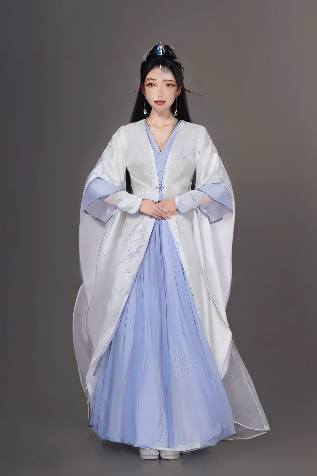 A woman wearing a white and blue hanbok, White Hanfu, Hanfu, flowing magical robe, Flowing robes, full-body xianxia, flowing white robe, dragon-inspired cloth robes, flowing white robe, Wearing a luxurious silk cloak, flowing robe, long white cape, wearing a long flowing robe, with acient chinese clothes, Traditional Chinese clothing