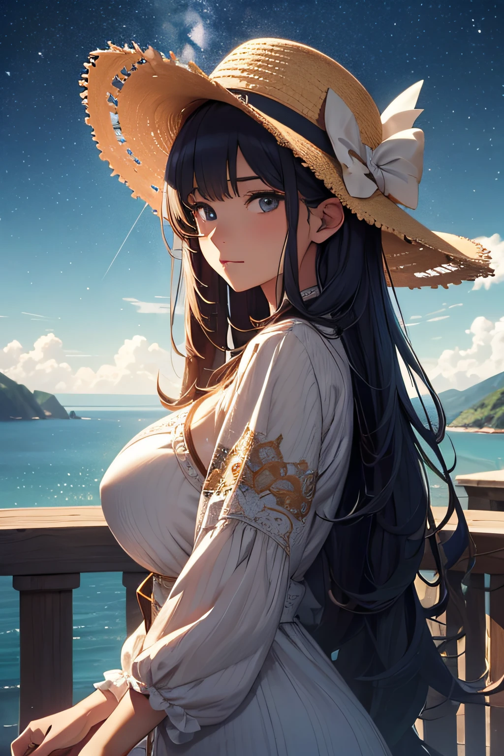masterpiece、Massive landscape((Mysterious Sea、starrysky、Meteor swarm))、20yr old、a beauty girl、onepiece、huge tit、a straw fedora hat、Farbe々Pose、