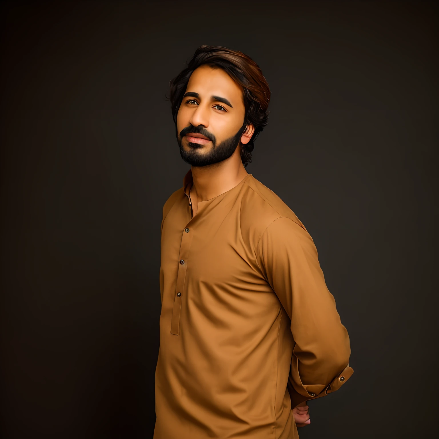 arafed man with a beard and a tan shirt standing in front of a black background, khyzyl saleem, very very low quality picture, kyza saleem, very clear picture, by Riza Abbasi, ash thorp khyzyl saleem, edited in photoshop, photo of a man, a photo of a man, profile image