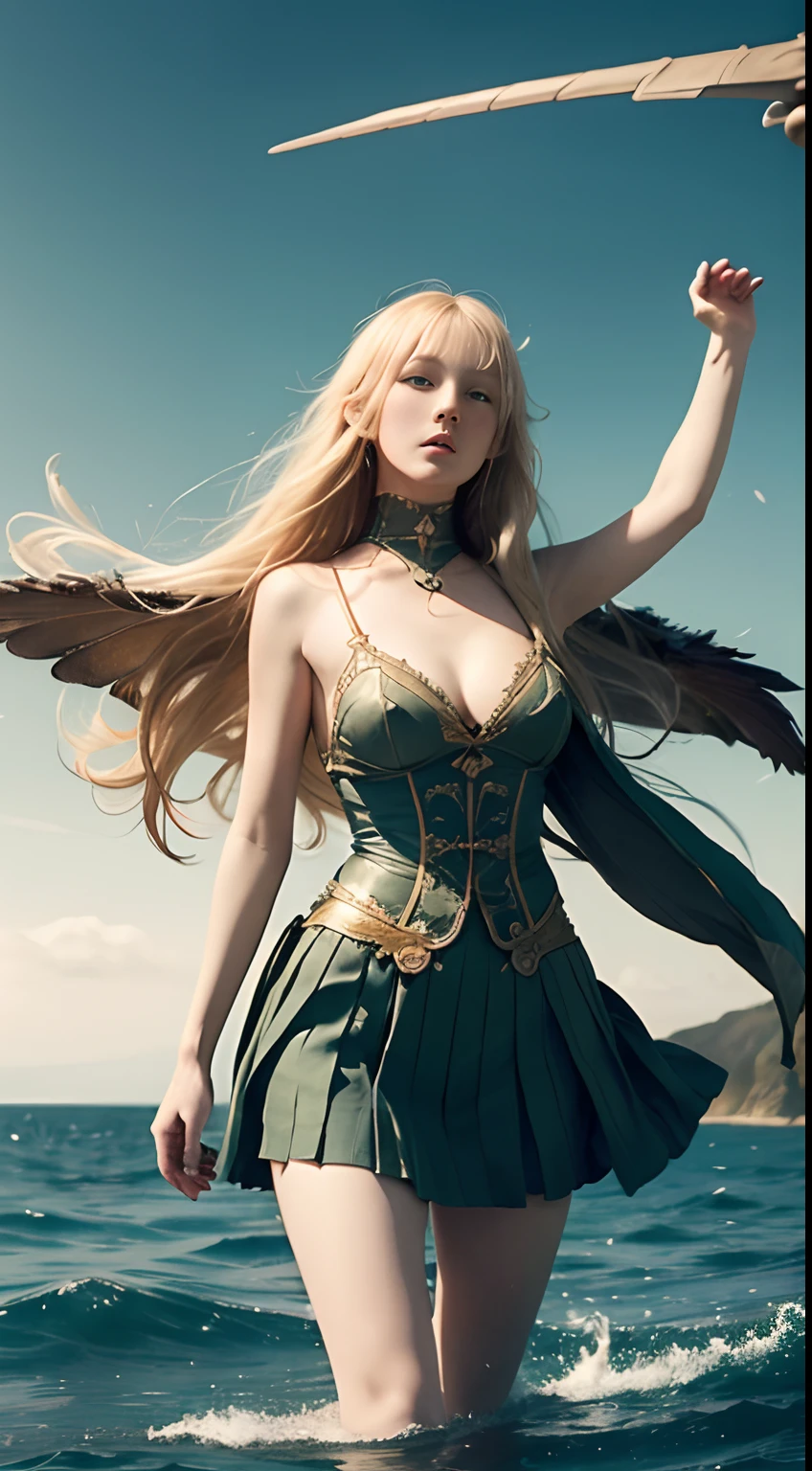 Richard Dadd, John Bauer, Anton Pieck, Surreal, mysterious, strange, fantastical, fantasy, Sci-fi, Japanese anime, wings of thunder, many feathers dancing in the air, running miniskirt blonde beautiful girl Alice, perfect voluminous body, spiral sinking into the sea, detailed masterpiece Depth of field cinematic lighting