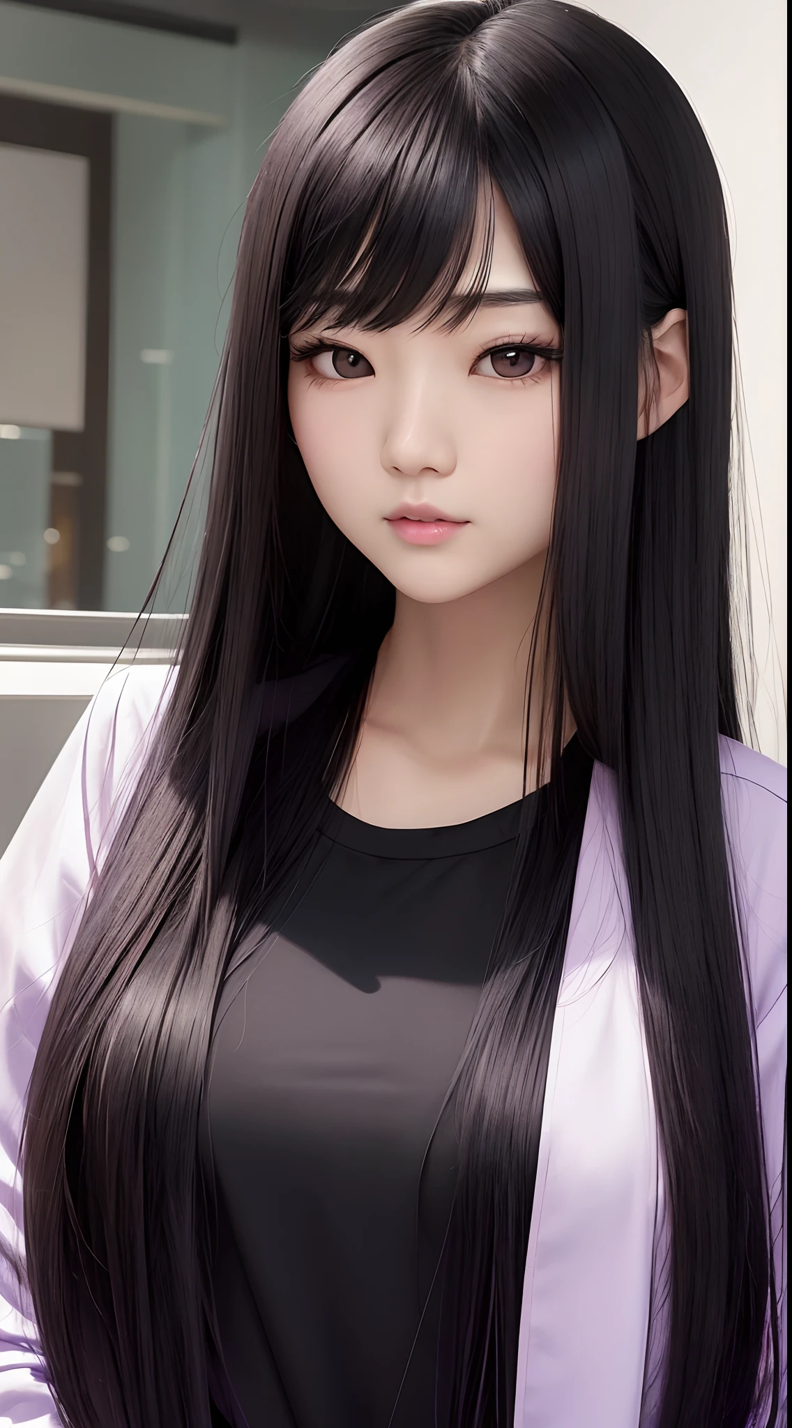 There is a woman with long black hair and a purple shirt, Asian Face, young cute wan asian face, 2 7 years old, Young adorable Korean face, 2 8 years old, korean symmetrical face, wan adorable korean face, 2 9 years old, headshot profile photo, detailed face of a asian girl, staring directly at camera, south east asian with round face