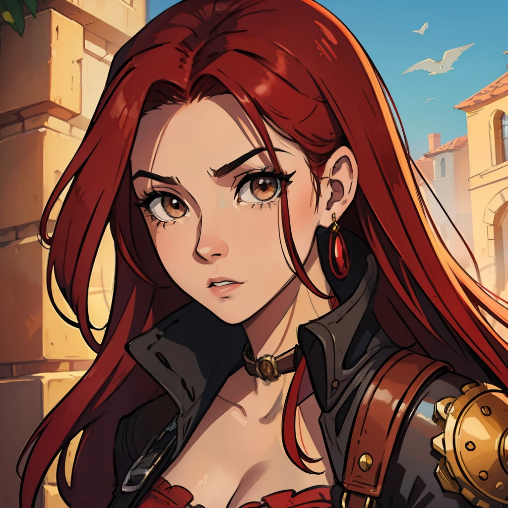 Erza Scarlet is one of the main characters in the series. The young woman with scarlet hair and brown eyes is described by Lucy Heartfilia herself as an amazing woman, very strict and who does not admit when others make mistakes. She is a slender figure with well-drawn curves. Seu traje mais comum consiste em un espartilho feito sob medida, A pair of red pants, Botas pretas e brincos em forma de diamante, in high resolution, circunstanciado, uma arte para um Jogo de rpg ((melhor qualidade)) ((olhos bonitos)) ((Steampunk))