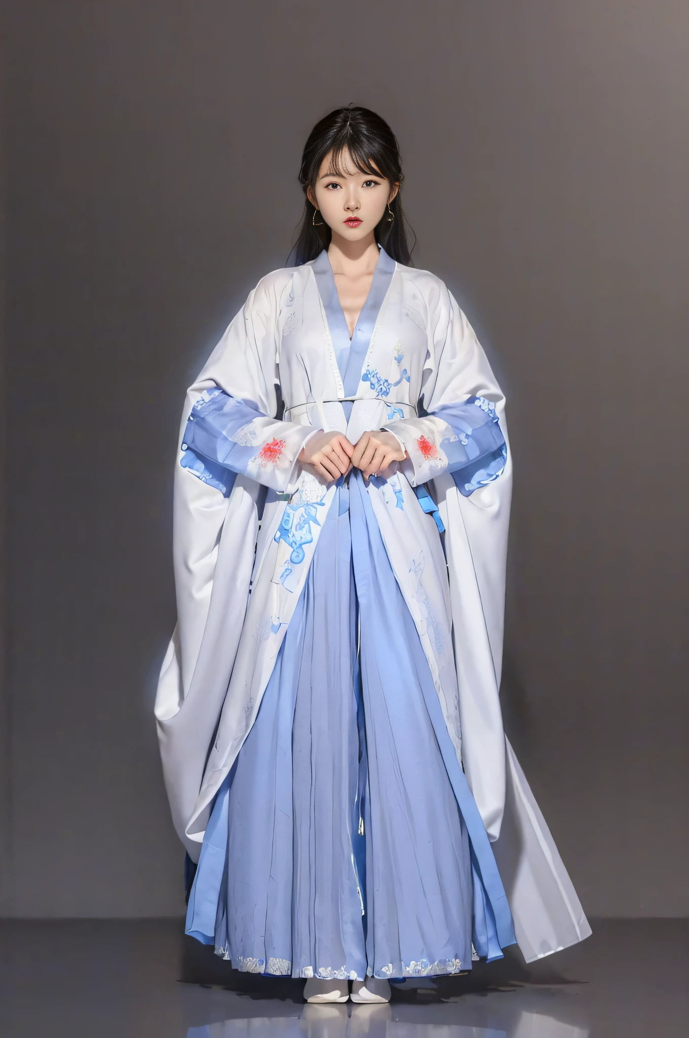 A woman wearing a white and blue hanbok, White Hanfu, Hanfu, flowing magical robe, Flowing robes, full-body xianxia, flowing white robe, dragon-inspired cloth robes, flowing white robe, flowing robe, Wearing a luxurious silk cloak, long white cape, wearing a long flowing robe, with acient chinese clothes, Traditional Chinese clothing