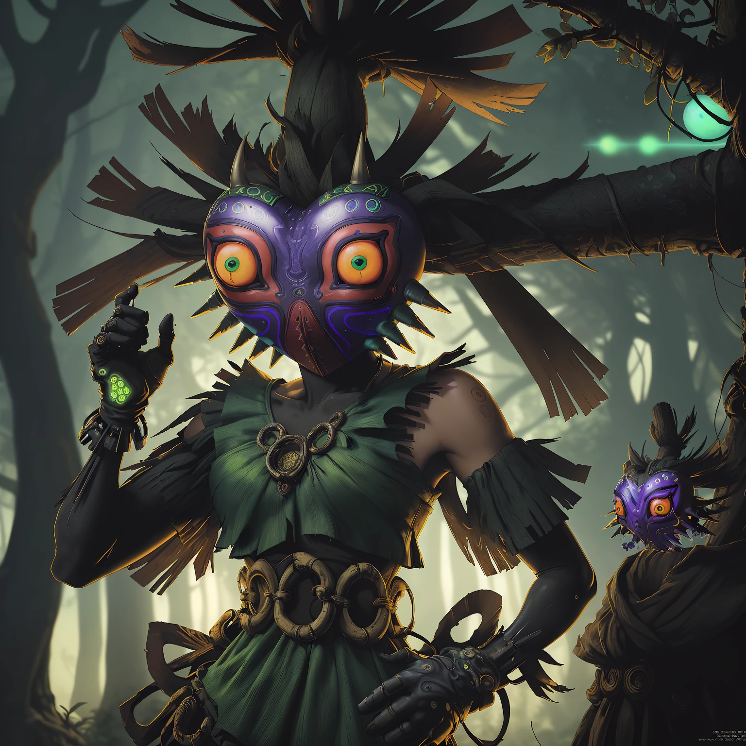 Inspired by "Tears of the Kingdom," the Skull Kid, shrouded in a captivating blend of playfulness and mystery, delves deeper into the lush Kokiri Forest, as the sunlight casts intriguing shadows and vibrant hues, revealing hidden secrets and fantastical creatures within its sacred confines. BREAK, 1girl, Skull kid, mask, solo, (realistic:0.5), masterpiece, solo, (best quality, perfect detailed, beautifully detailed face, detailed eyes), glistening shiny, ray tracing, DOF, HDR, shiny hair, (soft particles floating:1.1), ((looking at viewer)), (full body:1.1), ((8k wallpaper)), ((highres)), (day:1.3), sky, outdoors, outstretched arms, feminine focus, gloves, (cyberpunk:1.3), (futuristic:1.1), (Kokiri Forest City:1.2)