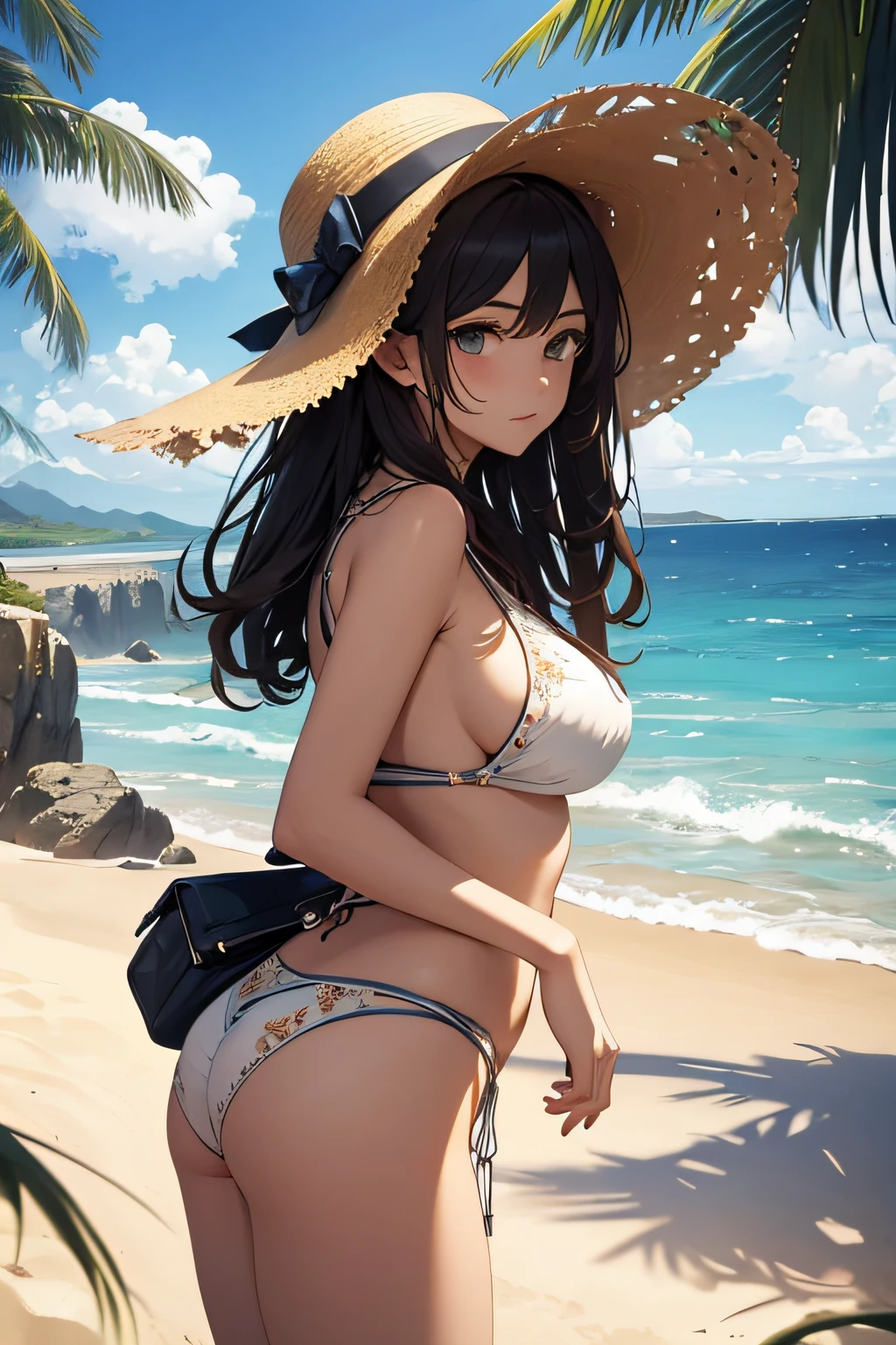 masterpiece、Massive landscape((Mysterious Sea、sand beach))、20yr old、a beauty girl、huge tit、Highly detailed embroidery on one piece、a straw fedora hat、Farbe々Pose、
