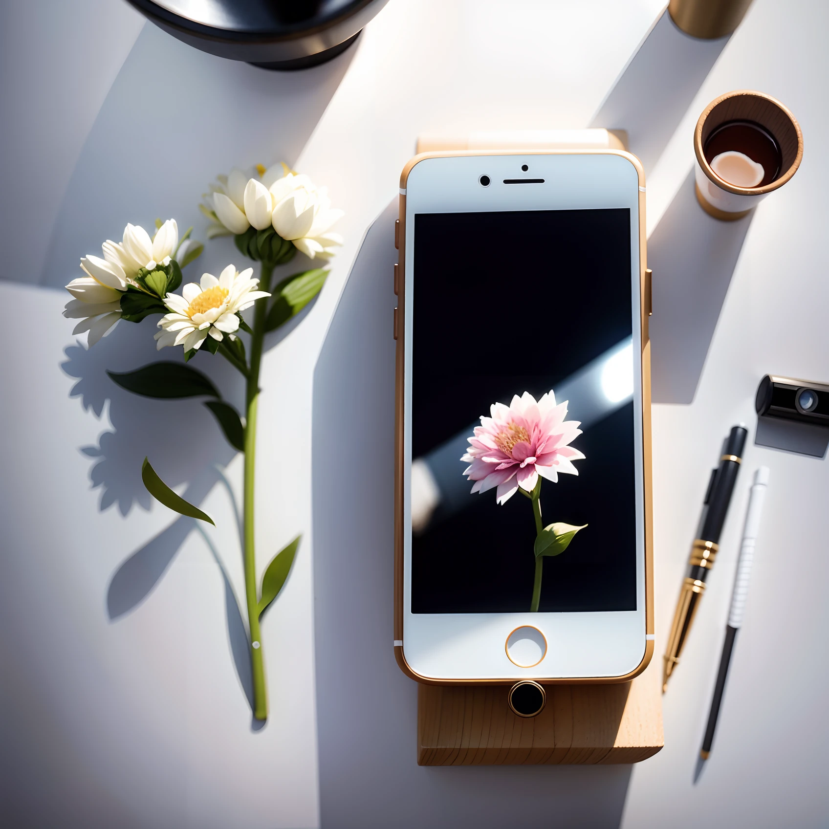 There is a white phone,There is a picture of a flower on it, high qualityProduct photography, Product photography, beautiful cameraphone, professional product photo, Professional product photography, beautiful 2000s phone-camera, scanning items with smartphone, products shot, high quality product photo, dslr photo of a vase on a table, Product photo, on a white table