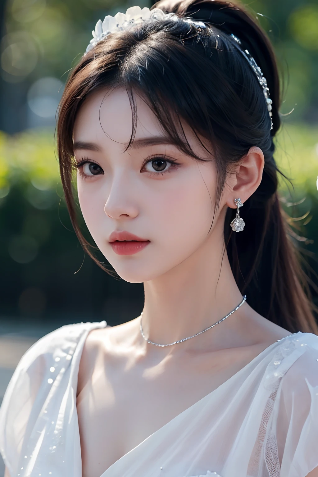 1girl, 175cm,korean kpop idol and model ,23 years old,soft body, ,close-up, 8k, RAW photo, best quality, masterpiece,realistic, photo-realistic,seductive,cute,A beautiful woman in an artistic costume , diamond earrings,diamond bracelet,diamond chain,flower hat, Liuhai hairstyle，Ponytail hairstyle, High image quality