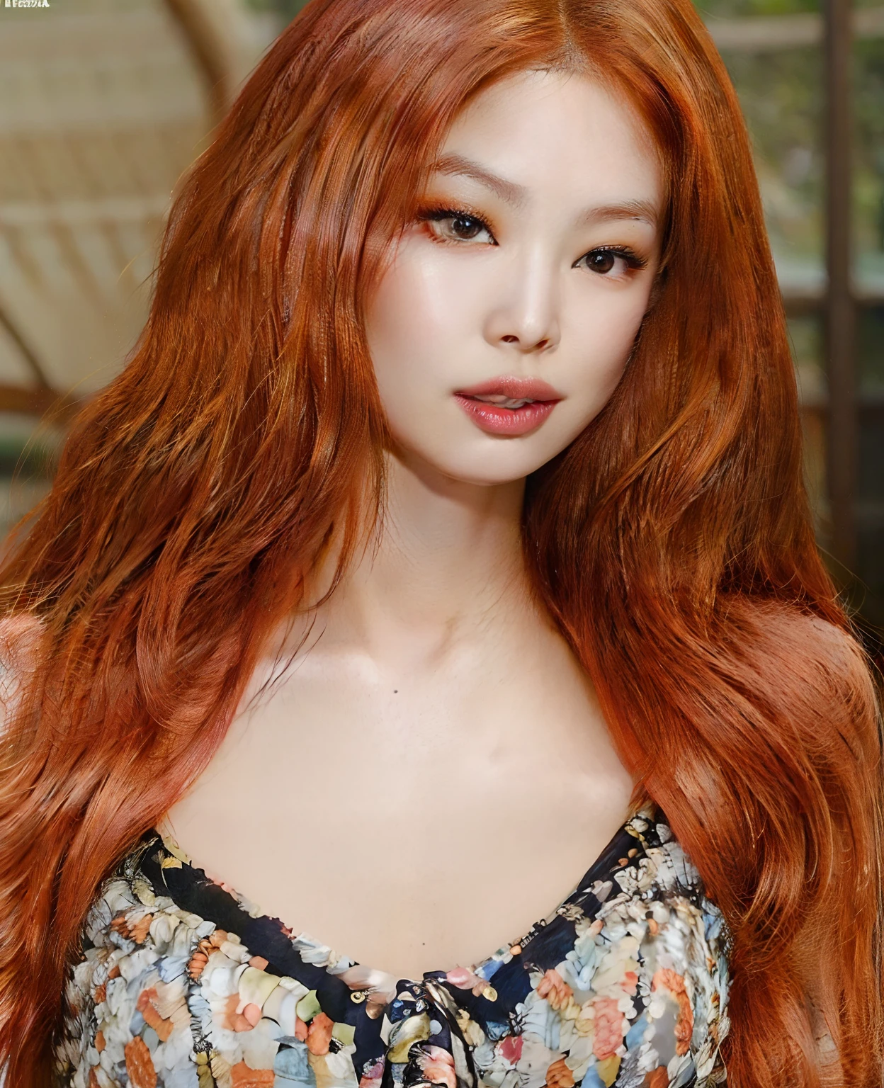 A closeup of a Korean woman with long red hair wearing a bra, gengibre cabelo ondulado, Amouranth, com cabelos ruivos cacheados, flowing ginger hair, Redhead Girl, Deusa dos cabelos ruivos, pele laranja e cabelo ardente longo, redhead, cabelos ruivos grandes ondulados, red head, cabelo longo de gengibre, mulher ruiva bonita, ela tem cabelos longos e redorange, mulher coreana jovem bonita