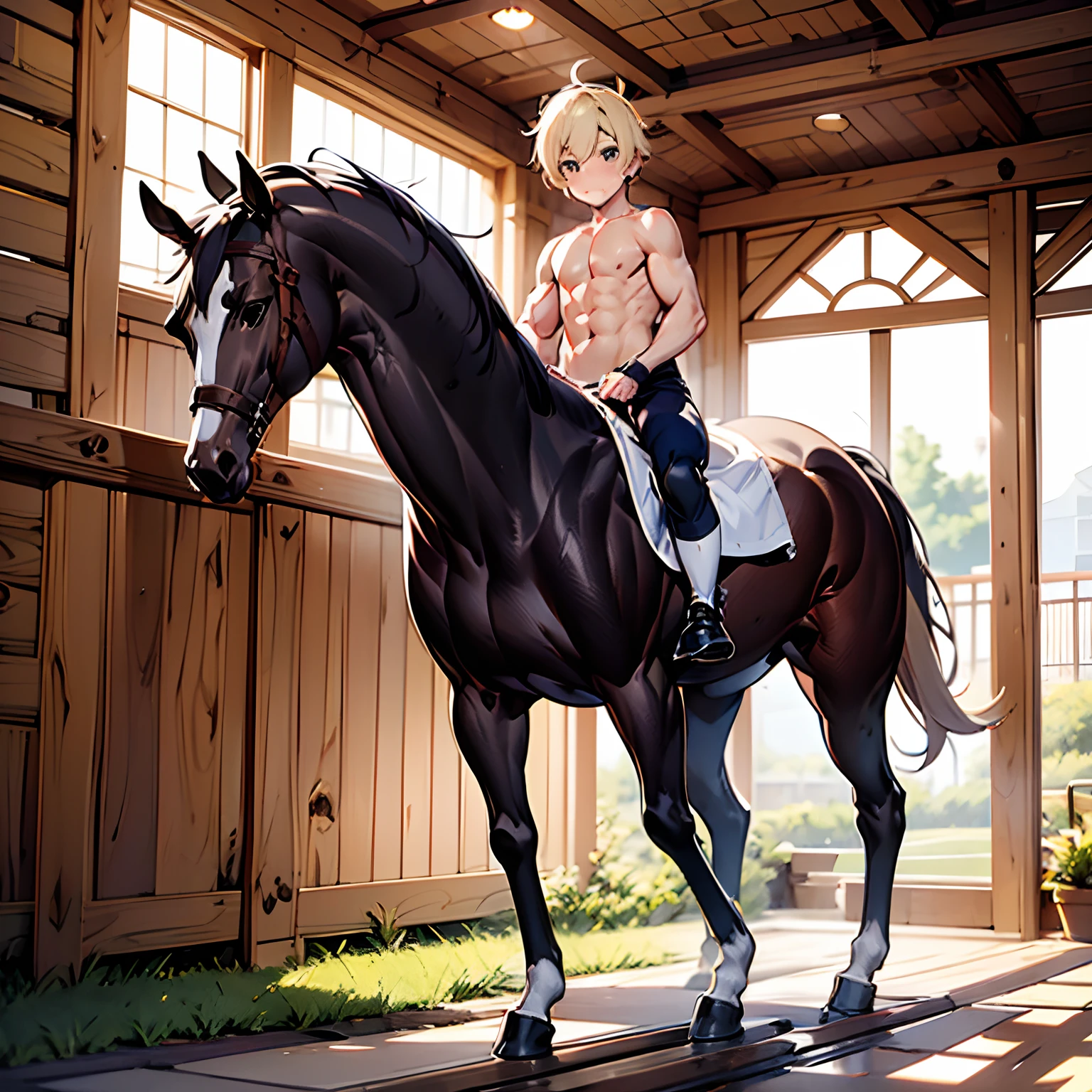 young centaur , horse stable , topless , well build , male , boy , shota , adorable , sunshine , lovely , ecchi