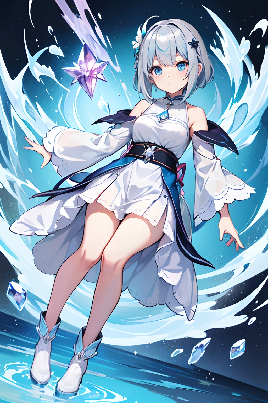 Female, 19 years old、Water Elemental Messenger in Genshin Impact、Silver-haired shorthair、Eyes are light blue、Pale pink skin color、She was wearing a blue robe and a white dress.、Wearing black culotte pants。Shoes are boots that are easy to move around in。I have a crystal pendant。