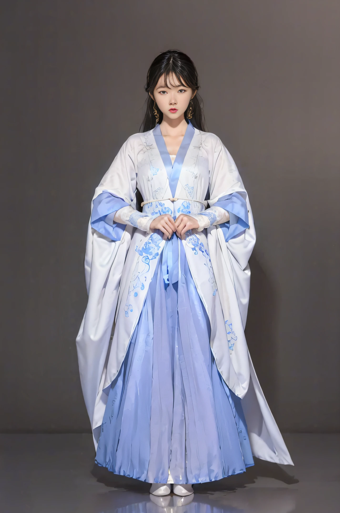 A woman wearing a white and blue hanbok, White Hanfu, Hanfu, flowing magical robe, Flowing robes, full-body xianxia, flowing white robe, dragon-inspired cloth robes, flowing white robe, flowing robe, Wearing a luxurious silk cloak, long white cape, wearing a long flowing robe, with acient chinese clothes, Traditional Chinese clothing