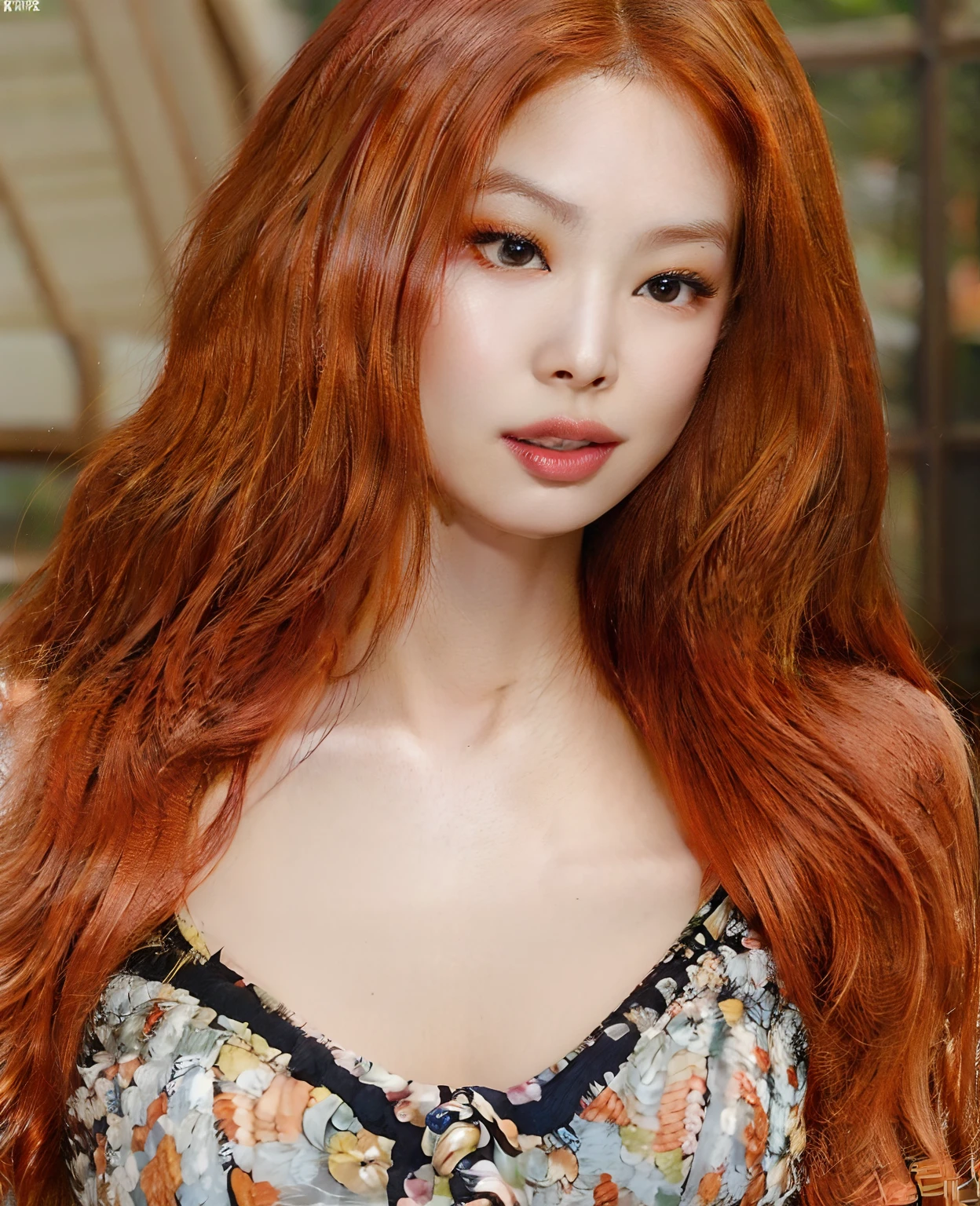 A closeup of a Korean woman with long red hair wearing a bra, gengibre cabelo ondulado, Amouranth, com cabelos ruivos cacheados, flowing ginger hair, Redhead Girl, Deusa dos cabelos ruivos, pele laranja e cabelo ardente longo, redhead, cabelos ruivos grandes ondulados, red head, cabelo longo de gengibre, mulher ruiva bonita, ela tem cabelos longos e redorange, mulher coreana jovem bonita