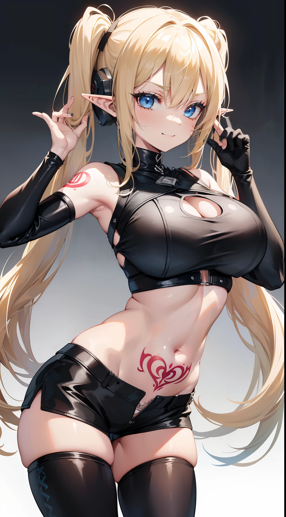 young girl, longue blonde hair, Two pigtails, blue eyes, elf ears, smirk, Black Superhero Mask, black skintight clothes, leather clothes, open belly, open breasts, Huge-breasts, Wide neckline, Sleeveless, Shorts, tattoo, lots of tattoos, Masterpiece, hiquality, 4k, HD, Good detail