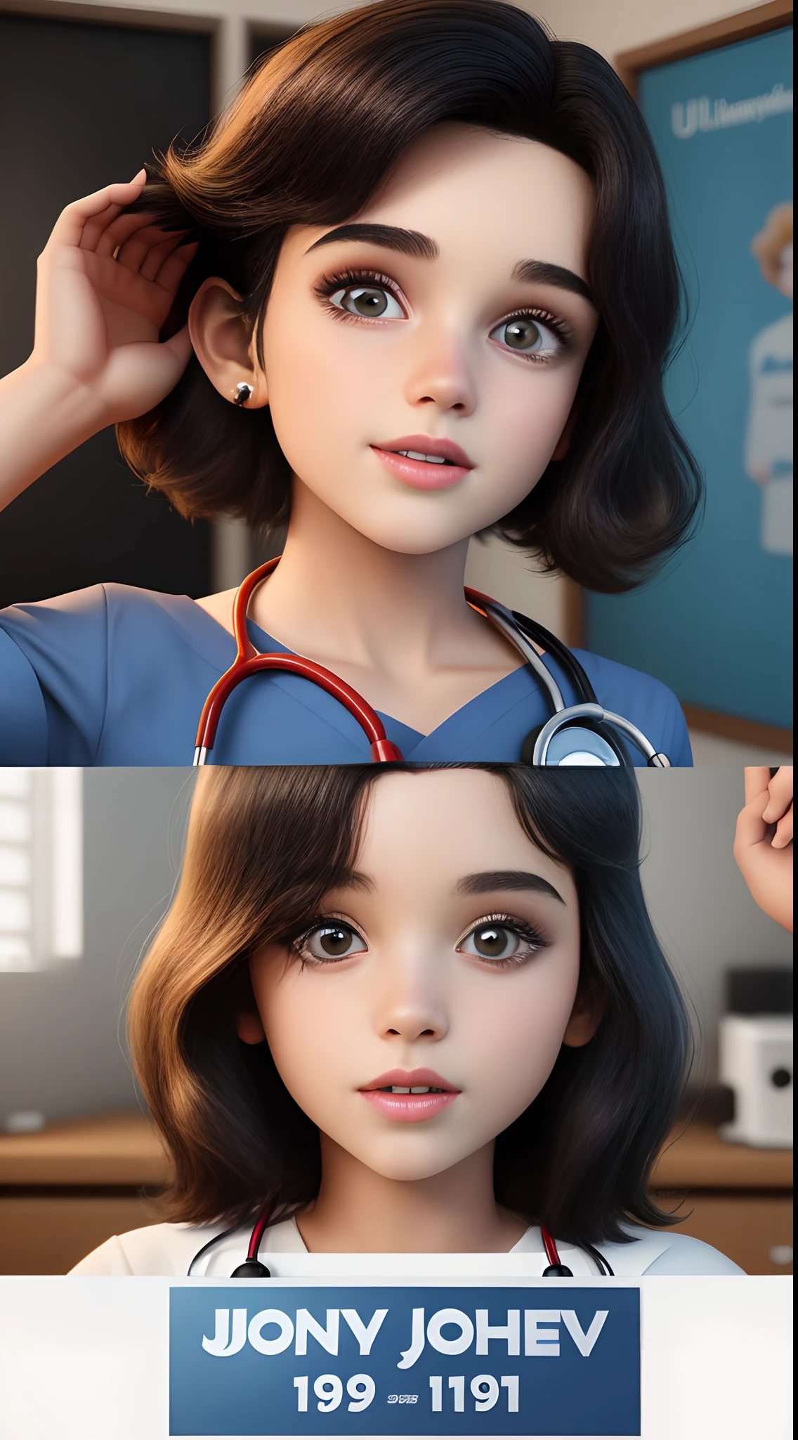 Untitled 3d poster inspired by Disney/Pixar de um jovem de 19 anos, cabelo cacheado curto e preto, olhos pretos, Using Stethoscope Studying, Je