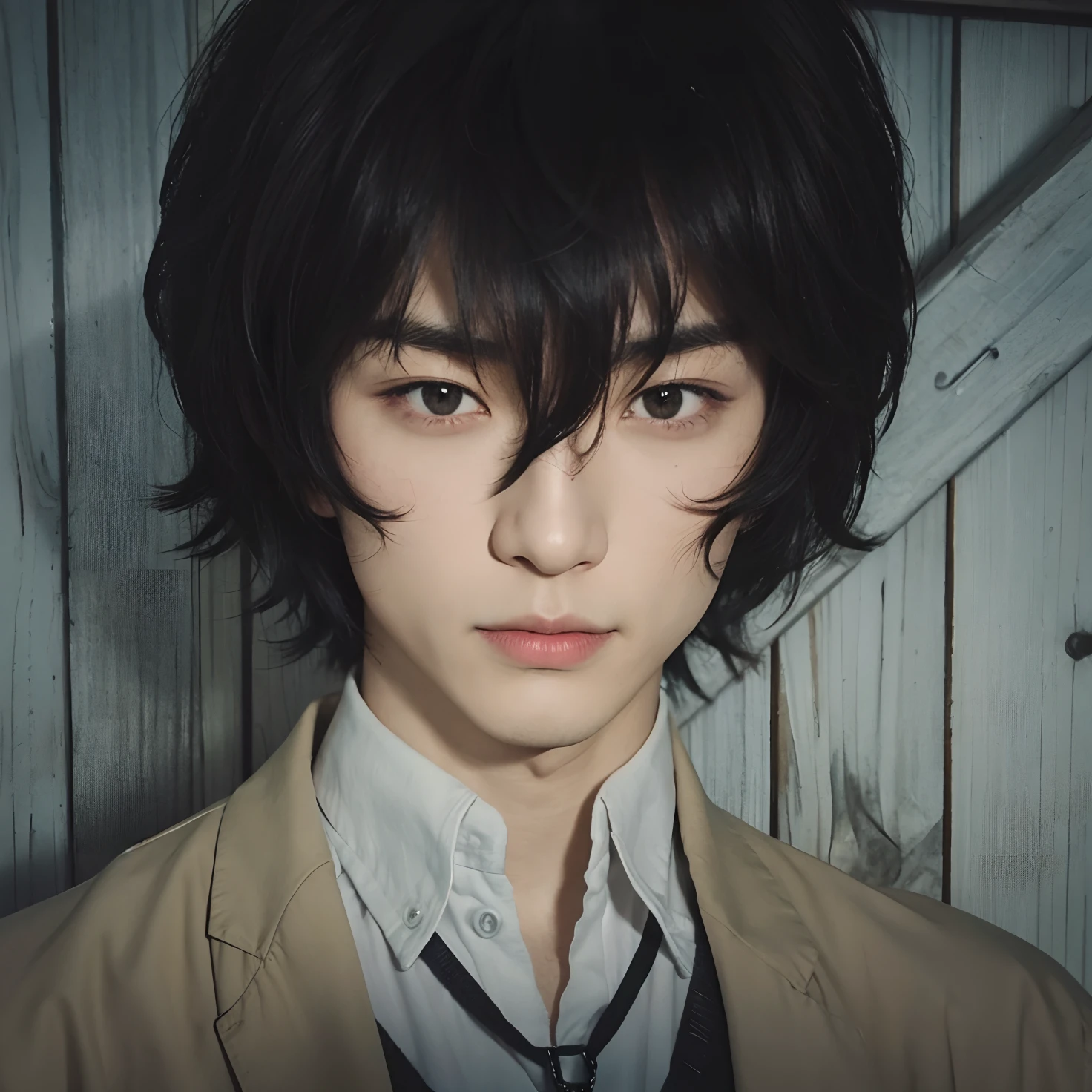 a man with realistic black hair, exactly the same hairstyle, Realistic Japanese handsome face, realistic cool expression, adapt Exactly the same clothes, realistic cream jacket, realistic white shirt,Realistic light, realistic shadows, realistic background