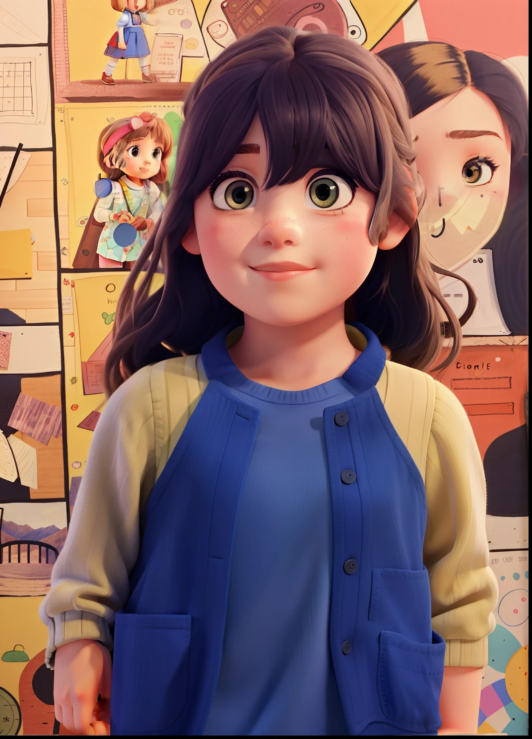 A young girl with an illustrated wall in the background.
