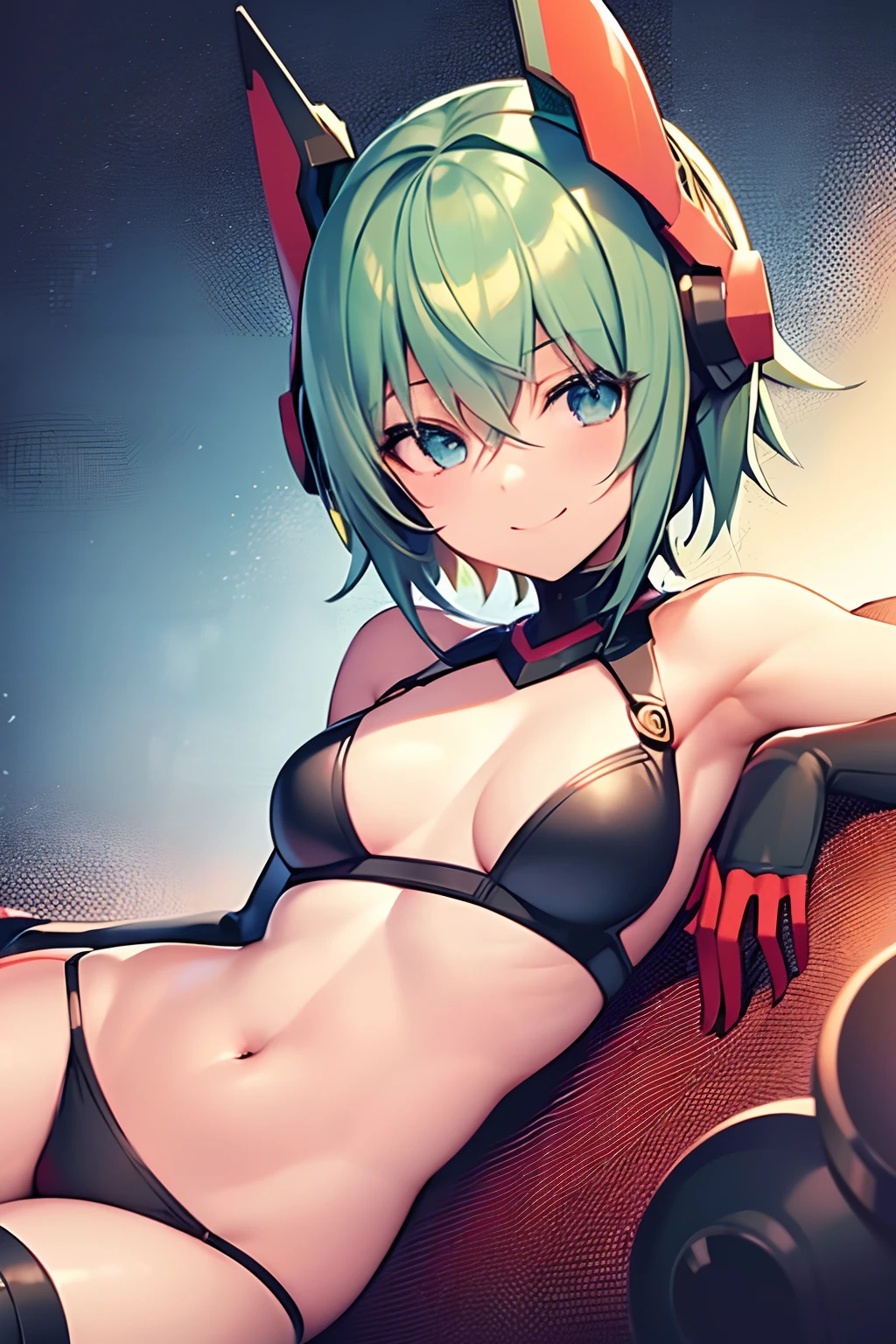 masterpiece,1girl,solo,green hair, big blue eyes, short hair, mecha head gear, blush, smiling, navel, cleavage, sarashi, lying down pose, red pantie, black elbow gloves, red fingers, small breasts