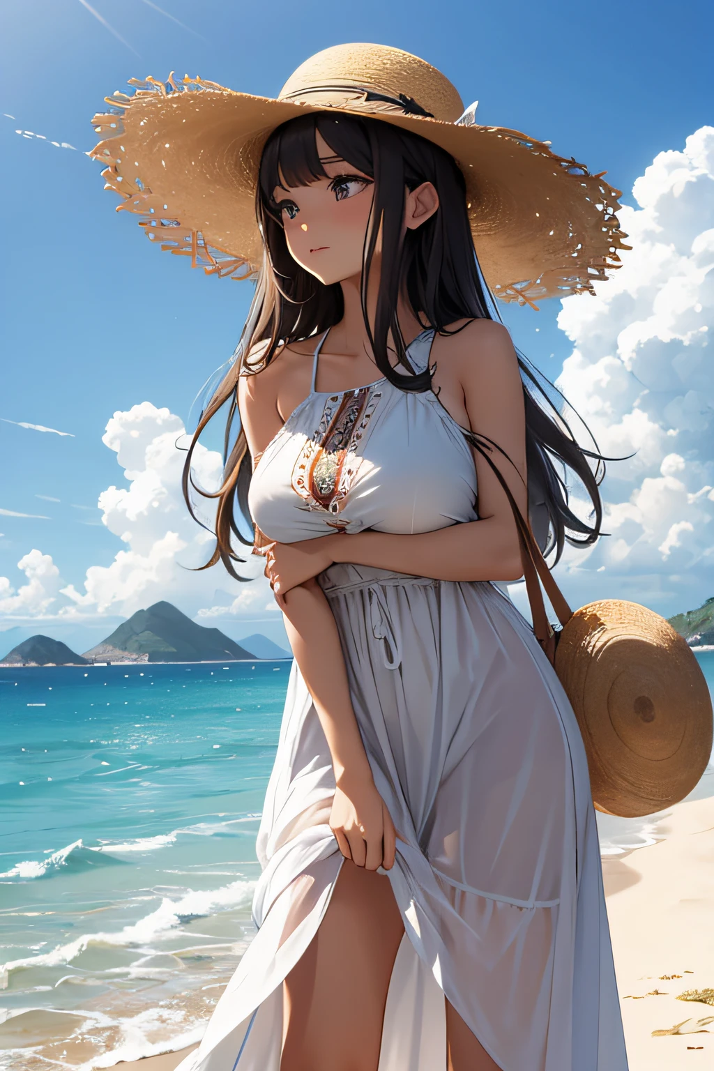 ​masterpiece、Massive landscape（（Mysterious Sea、sand beach））、20yr old、a beauty girl、huge tit、Embroidery on a long dress、a straw fedora hat