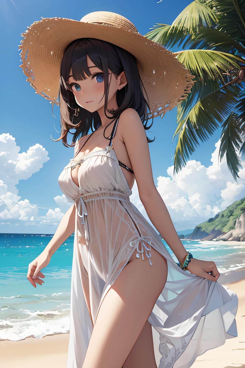 masterpiece、Massive landscape((Mysterious Sea、sand beach))、20yr old、a beauty girl、huge tit、Embroidery on a long dress、a straw fedora hat