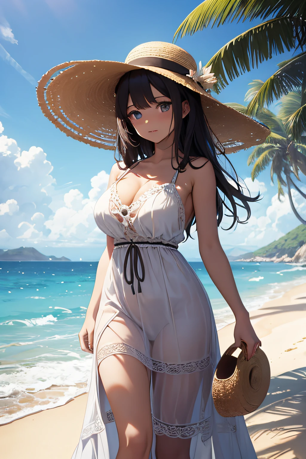 ​masterpiece、Massive landscape（（Mysterious Sea、sand beach））、20yr old、a beauty girl、huge tit、Embroidery on a long dress、a straw fedora hat