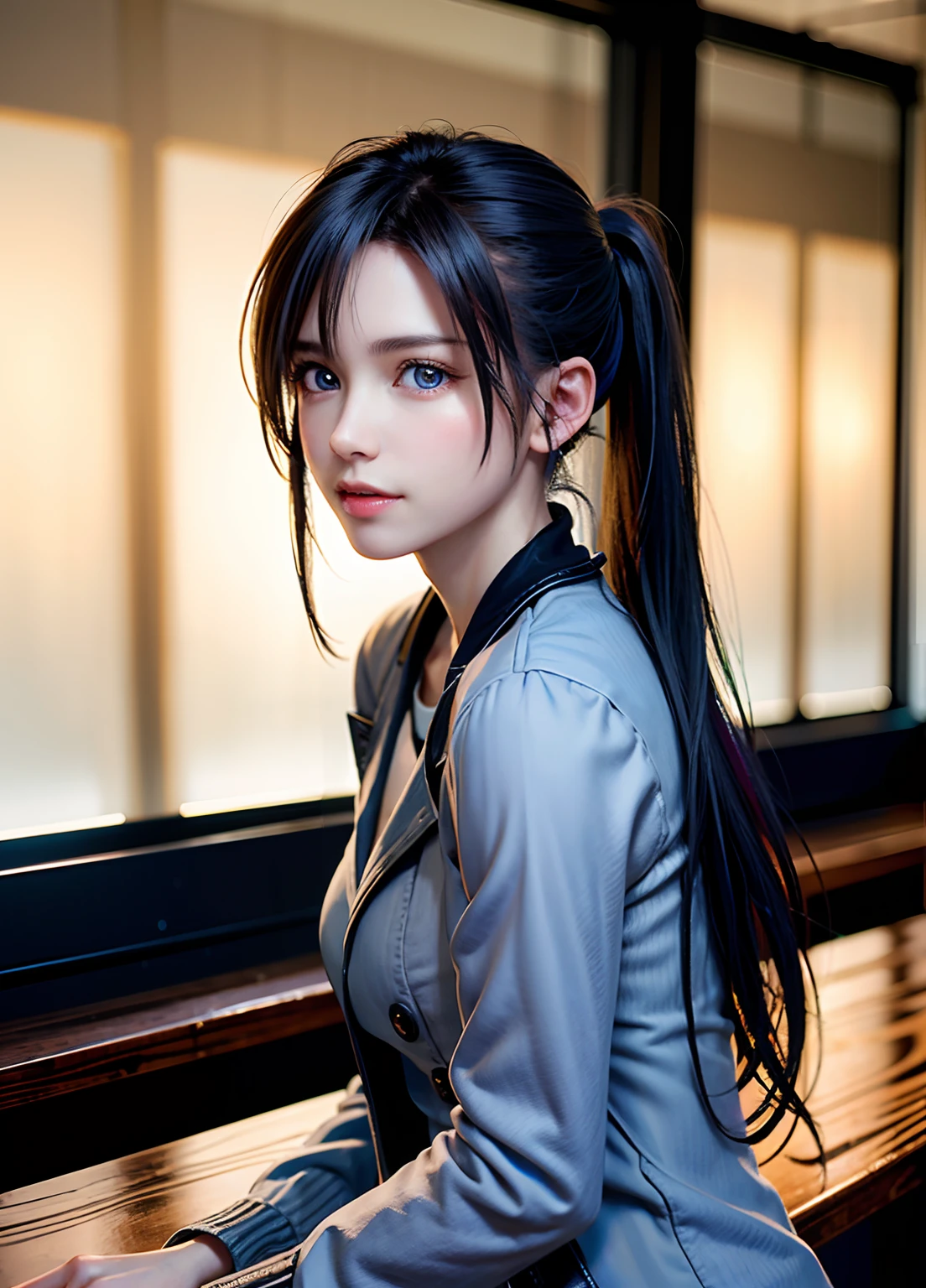 (8k, RAW photo, best quality, masterpiece:1.2), (realistic, photo-realistic:1.37),1 girl, cute, adorable, (blue eyes), light smile, (solo),detailed face, round face, ponytail, slender, petite breast, leather jacket, white tshirt, dramatic angle, head tilt, ((head resting on hand)), night lights, neon lights, inside pub, sitting by the window, small head, (facing away),