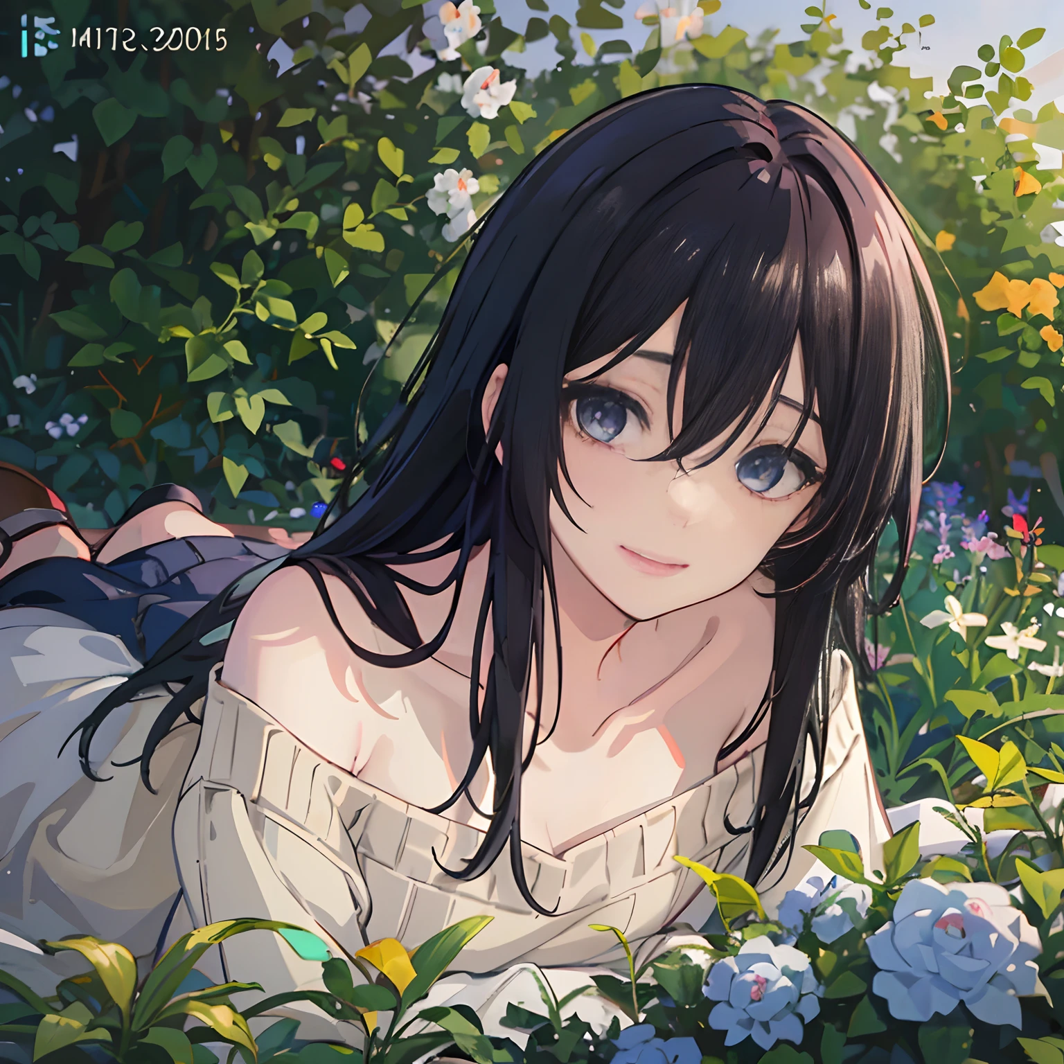 ((masterpiece, best quality)), ((Izumi miyamura)), Anime version, long black hairstyle, messy front hair, laying down in garden, wearing slightly yellow sweater, double eyelashes, thin lips, shiny blue eyes, pale skin, looking towards viewer, (collarbone), slight smile, intrinsic details, highres, 4k, 8k, award-winning