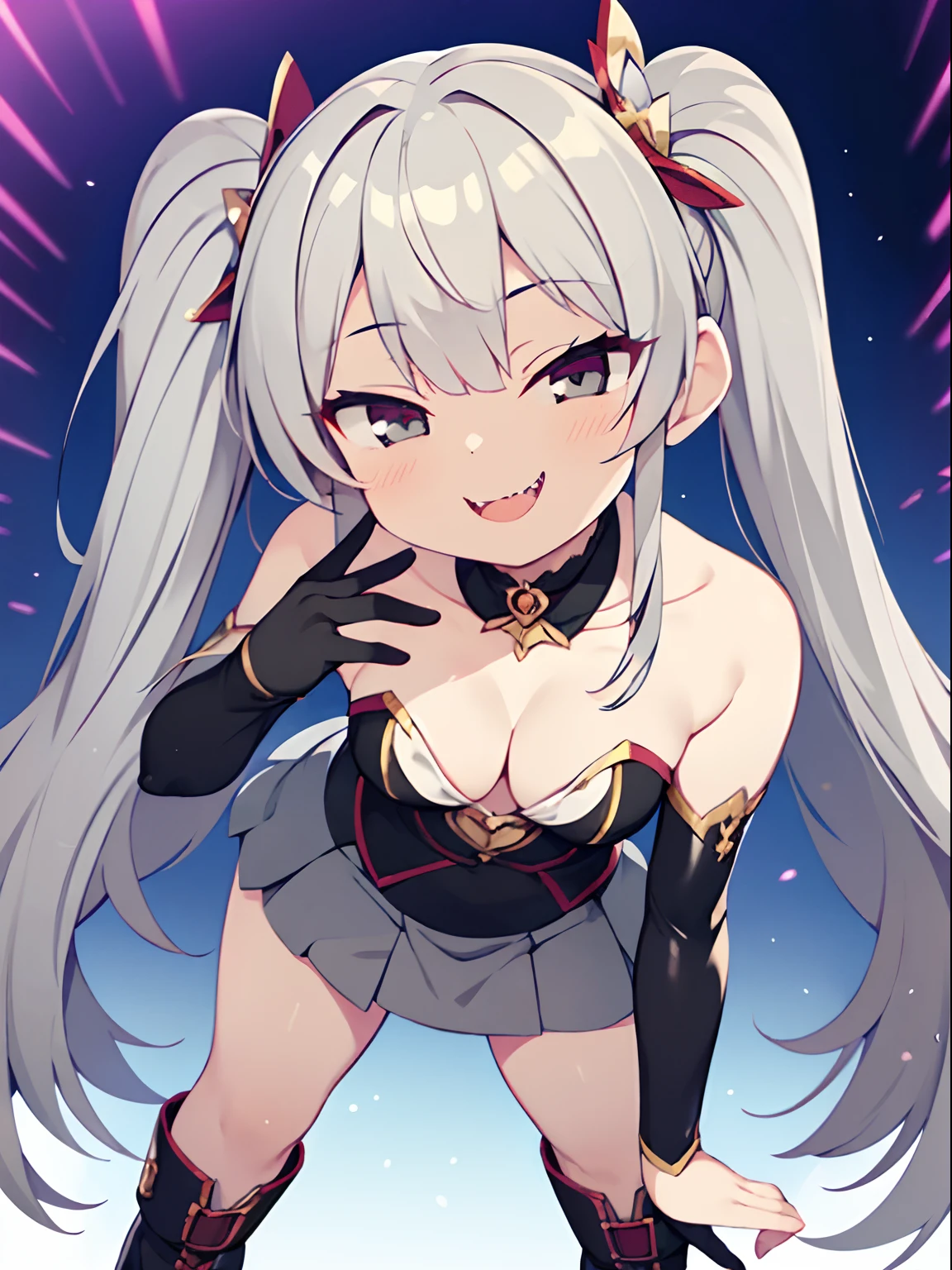 (Front Focus),(In the Dark:1.6), (Masterpiece, of the highest quality, best, Official art, Beautiful and aesthetic:1.2), game cg, Highly detailed and realistic CG, Colorful, Masterpiece, Best Quality, jewel-like eyes, 1girl, solo, (gray hair:1.5), shiny hair, very long straight hair, twintails, slender, skinny legs, magical girl, black magical dress, layered mini skirt, panty shot, black pants, magical boots, zettairyouiki, black eyes, empty eyes, small breasts, cleavage, black elbow gloves, latex, smirk, smile, jig eyes, jitome, half-closed eyes, tsurime, from pov, best quality eyes, sharp teeth, tsundere, standing, contrapposto, teasing, smug, open mouth, fangs, tongue out, (Sharp Focus:1.2), big ribbon, cute headdress, luxury boots,