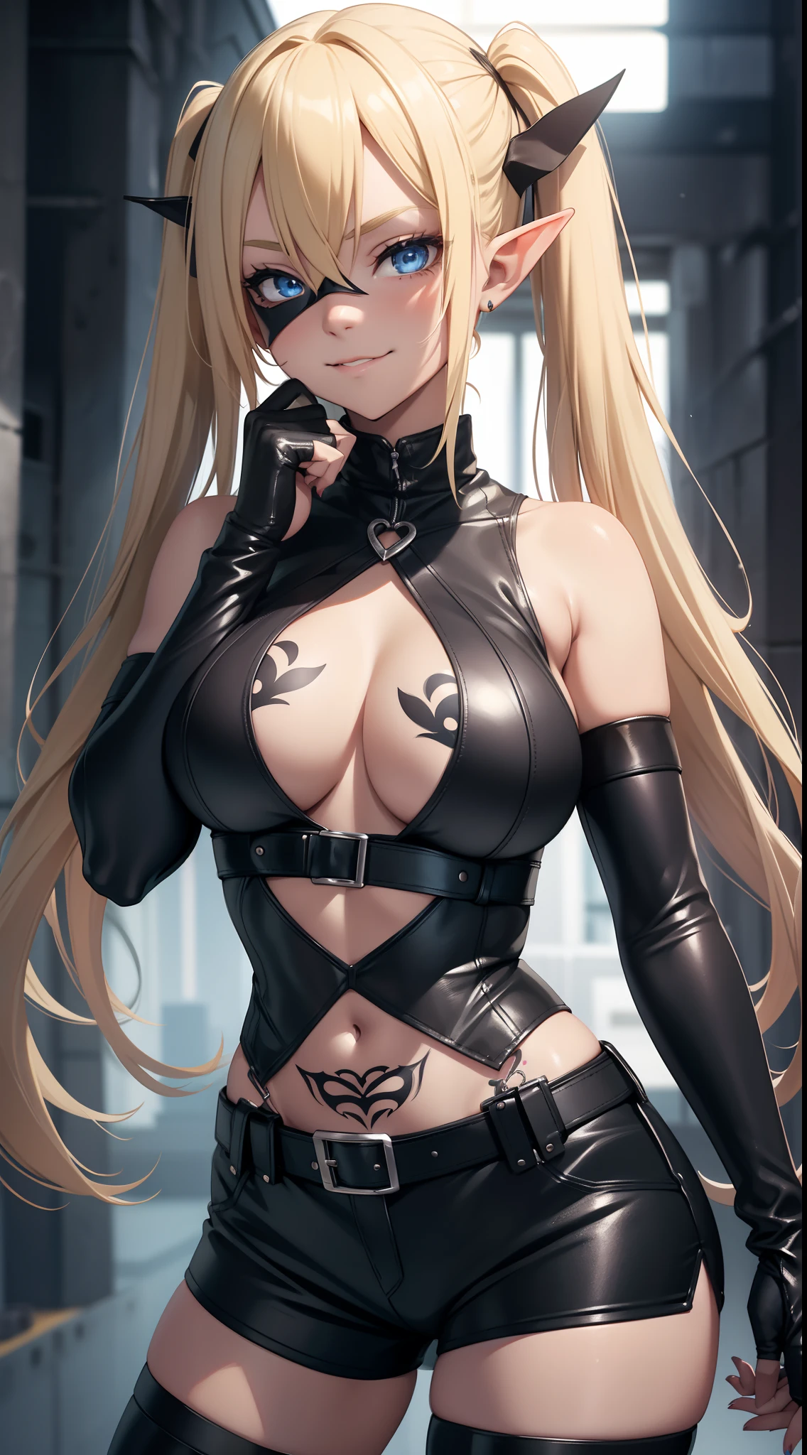 young girl, longue blonde hair, Two pigtails, blue eyes, elf ears, smirk, Black Superhero Mask, black skintight clothes, leather clothes, open belly, open breasts, Huge-breasts, Wide neckline, Sleeveless, Shorts, tattoo, lots of tattoos, Masterpiece, hiquality, 4k, HD, Good detail