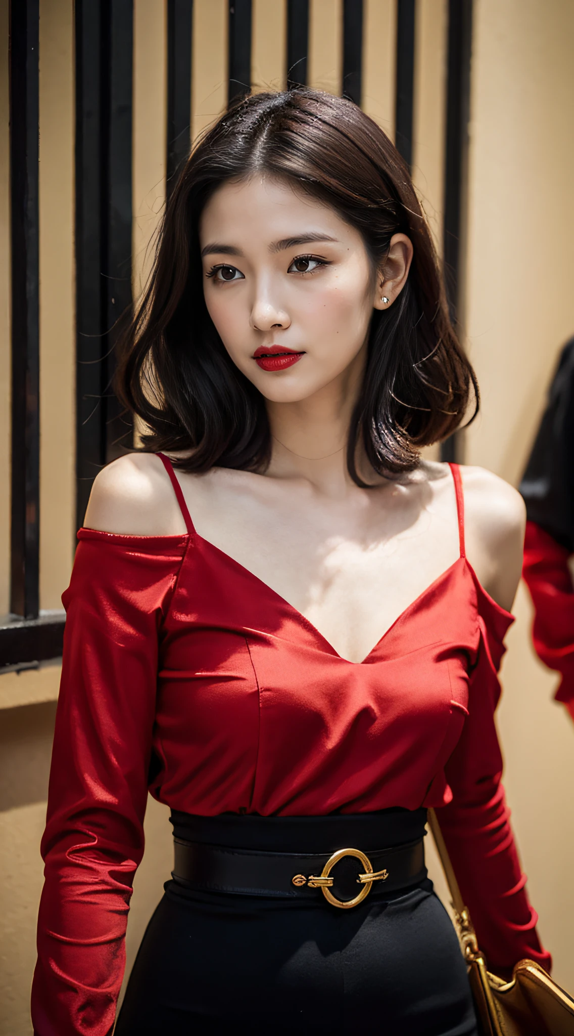 There was a woman standing on the street corner,Holding a wallet in his hand, black and red silk clothing, red and black tones, Shoulder-length black hair, With long black hair, black and red tone, red elegant shirt, red gold and black outfit, brunette color hair, Long hair and red shirt, loose - fitting blouses, Shoulder-length black hair,Large curls,