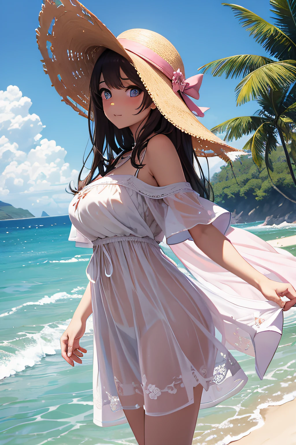 masterpiece、Massive landscape((Mysterious Sea、sand beach))、20yr old、a beauty girl、huge tit、Embroidery on a long white and pink dress、a straw fedora hat