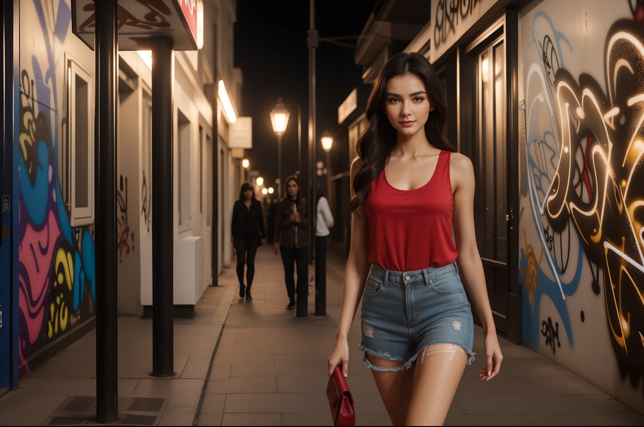((full-body, cinematic-shot)),(best quality,4k,8k,highres,masterpiece:1.2),ultra-detailed,(realistic,photorealistic,photo-realistic:1.37),(((1girl))),(((solo))),(((a girl alone:1.4))),(18years old),[the face is combination of (((irene1:1.2))) and (((Excella_er5:1.2)))],(sharp focus:1.5),beautiful detailed eyes,beautiful detailed lips,extremely detailed eyes and face,long eyelashes,gorgeous girl,feminine charm,pearl skin,(skin pores:1.1),extremely detailed face and skin texture,(skin texture:1.1),black hair,soft and smooth hair,tall and slender body,(192cm tall),thin and delicate figure,graceful posture,strong and defined muscles,flawless skin,defined abs,perfect curves,feminine appearance,beautiful long legs,embodying elegance and beauty,happy expression,full-smile,cleavage breasts,((wearing a ((red)) tank-top:1.3)),(no panty),(ultra-short miniskirt),(ripped jeans miniskirt),vibrant colors,extremely detailed and realistic ((red)) clothes,(colorful),(film grain:1.3),night in the city,shimmering lights,city skyline silhouette,dramatic shadows,atmospheric fog,reflective surfaces,mysterious alleyway,beautifully lit windows,neon signs,portrait photography,soulful expressions,colorful bokeh,city noise,romantic ambience,texture of skin,sheen of hair,detailed facial features,fashionable clothing,faint moonlight,subtle makeup,bare skin,natural beauty,impeccable grooming,modern cityscape,urban landscape,(graffiti art:1.4),warm color palette,dynamic composition,nighttime serenity,metropolitan hustle and bustle,emotional connections,depth of character,soft shadows,nighttime tranquility,VIP access,exclusive location,stylish architecture,haunting beauty,emerging stars,street fashion,high-end luxury,nighttime rendezvous,brand endorsements,award-winning photography,vogue-worthy images