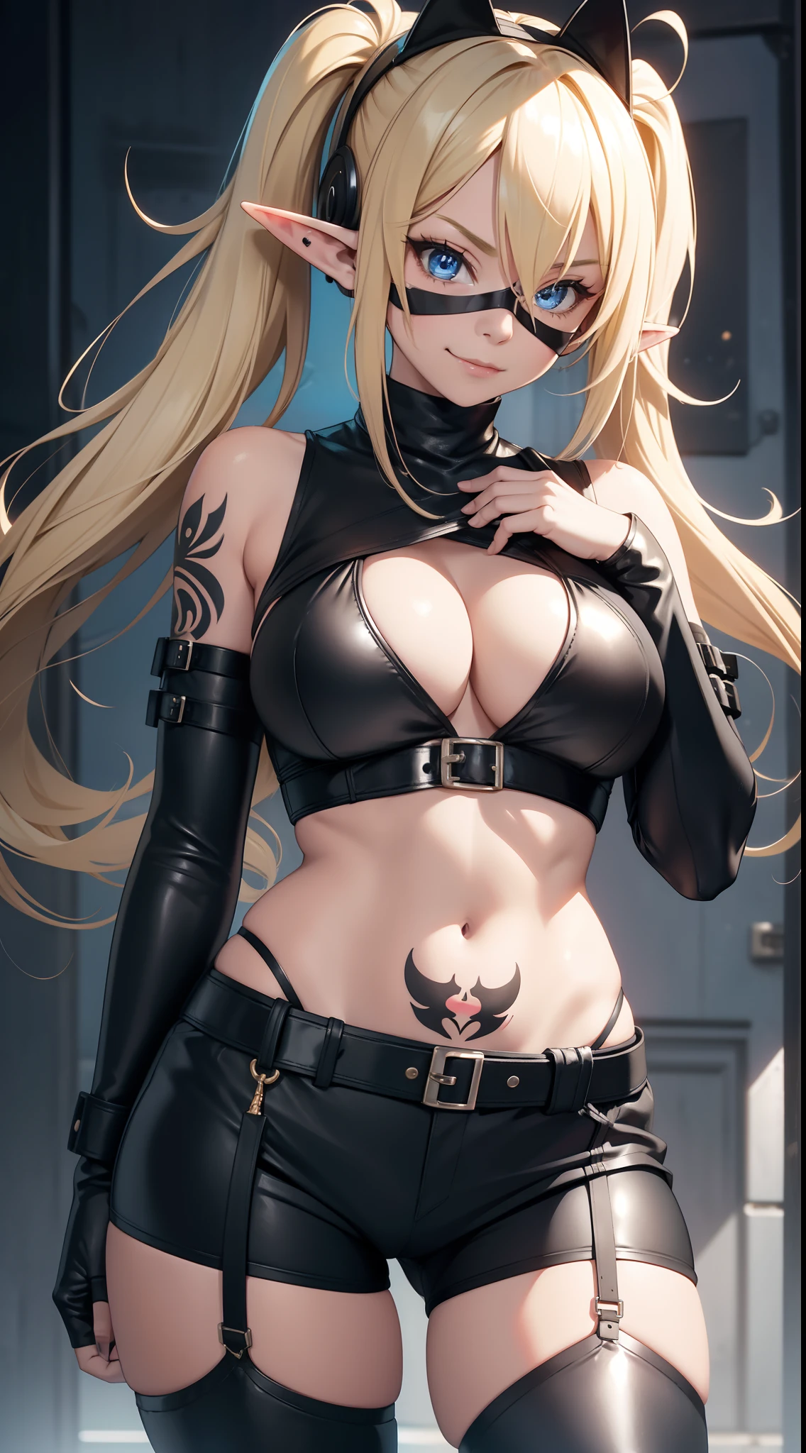 young girl, longue blonde hair, Two pigtails, blue eyes, elf ears, smirk, Black Superhero Mask, black skintight clothes, leather clothes, open belly, open breasts, Huge-breasts, Wide neckline, Sleeveless, Shorts, tattoo, lots of tattoos, Masterpiece, hiquality, 4k, HD, Good detail