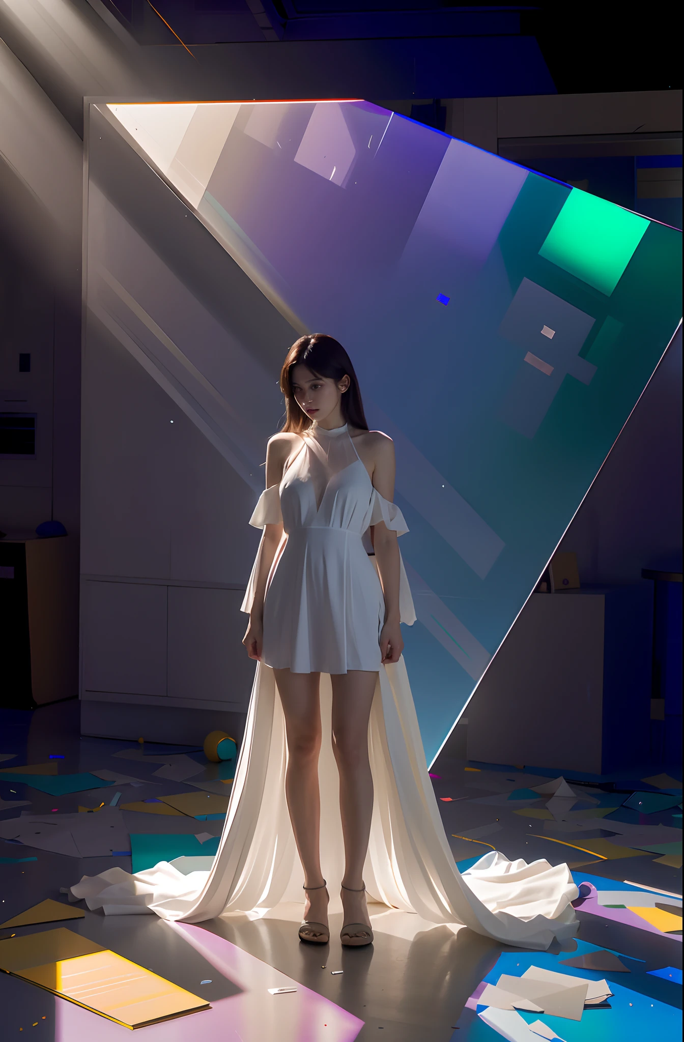 Glass shards，Colorful light and shadow，Design support garments，Super detailed，Sculpt the face