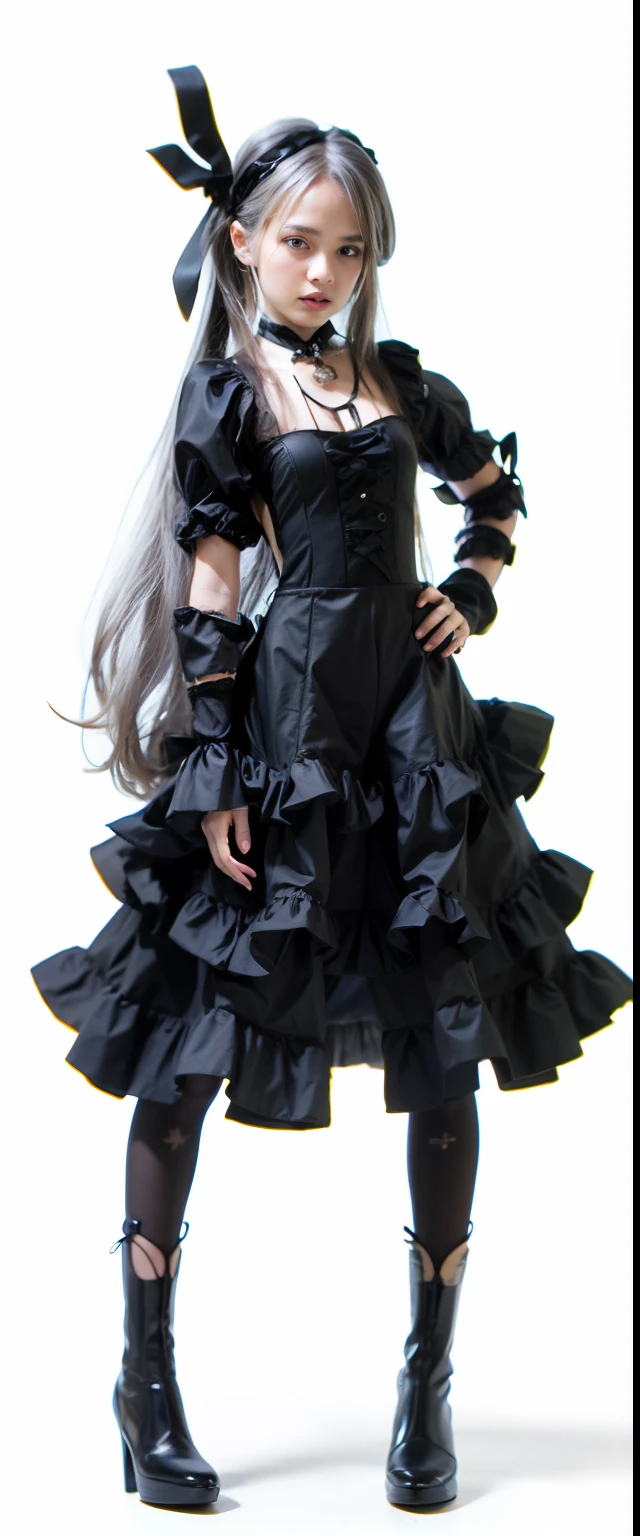 araffe silver haired girl with black ribbon dressed in a black dress and black shoes