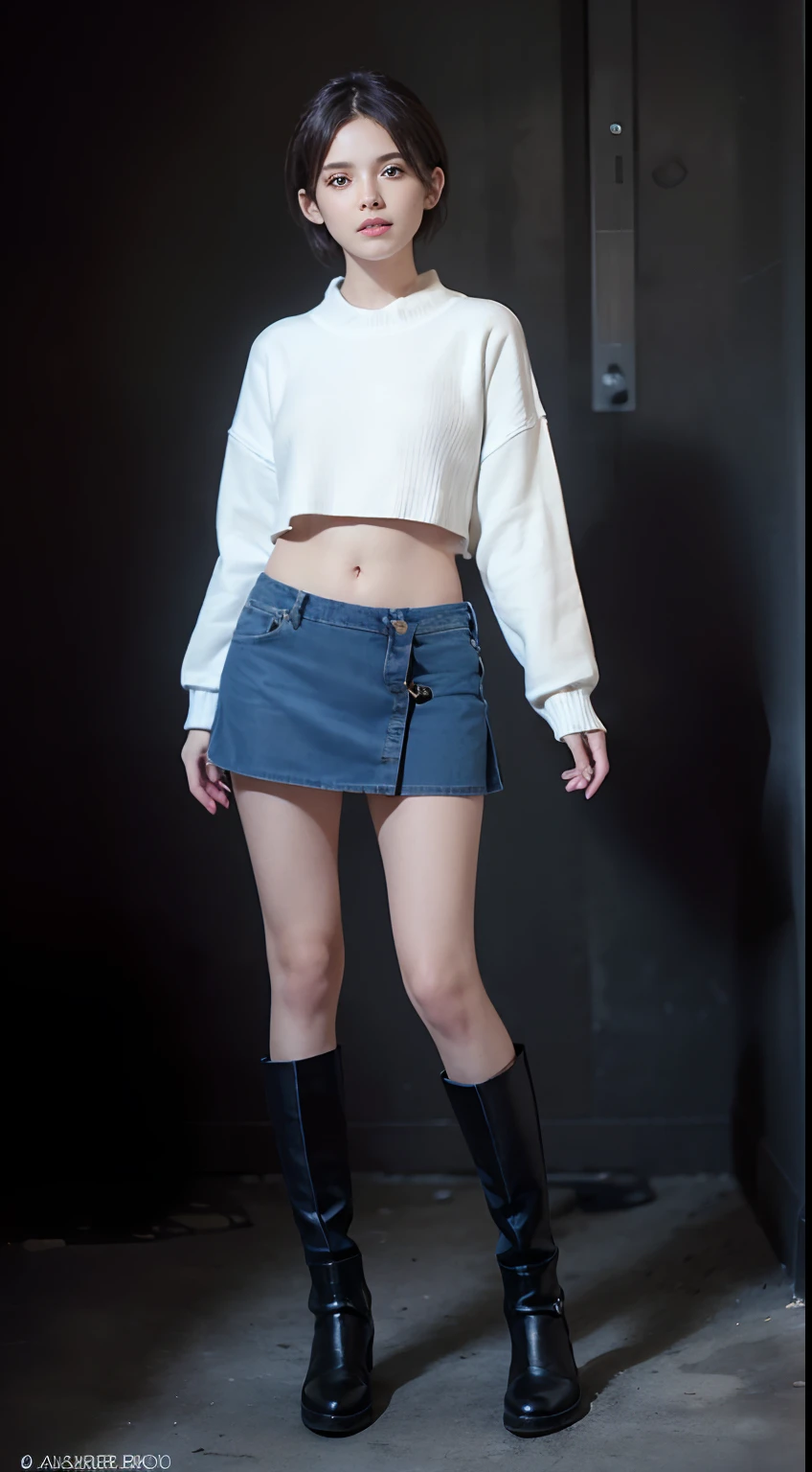 Sweaters、Denim Mini Skirt、full body Esbian、frontage、A slender、(masuter piece:1.3)、(8K、Photorealsitic、Raw photography、top-quality: 1.4)、(1girl in)、美丽的面容、(Lifelike face)、(A dark-haired、short-hair:1.3)、Beautiful hairstyle、realisticeyes、Beautiful details、（real looking skin）、Beautiful skins、（Sweaters）、absurderes、enticing、超A high resolution、A hyper-realistic、high-detail、the golden ratio、((wide open abdomen))、((open abdomen))、((wide open navel))、((open navel))、((Bare belly))、((Mid-Riff Sweater))、((Mid-Riff Sweater))、((Ultra-low rise、Denim Mini Skirt))、((Ultra-low rise、Denim Mini Skirt))、((Ultra-low rise、Denim Mini Skirt))、 ((Navel Ejection))、((small hips))、((long limbs))、((Full body depiction))、((small  hip))、(long boots)、((Ultra-low rise))、((Denim Mini Skirt))、((is standing))、 ((wide open abdomen))、((open abdomen))、((wide open navel))、((open navel))、((Bare belly))、((Mid-Riff Sweater))、((Ultra-low rise、Denim Mini Skirt))、 ((Navel Ejection))、((small hips))、((Full body depiction))、((small  hip))、(boots)、((Ultra-low rise))、((Denim Mini Skirt))、((is standing))、