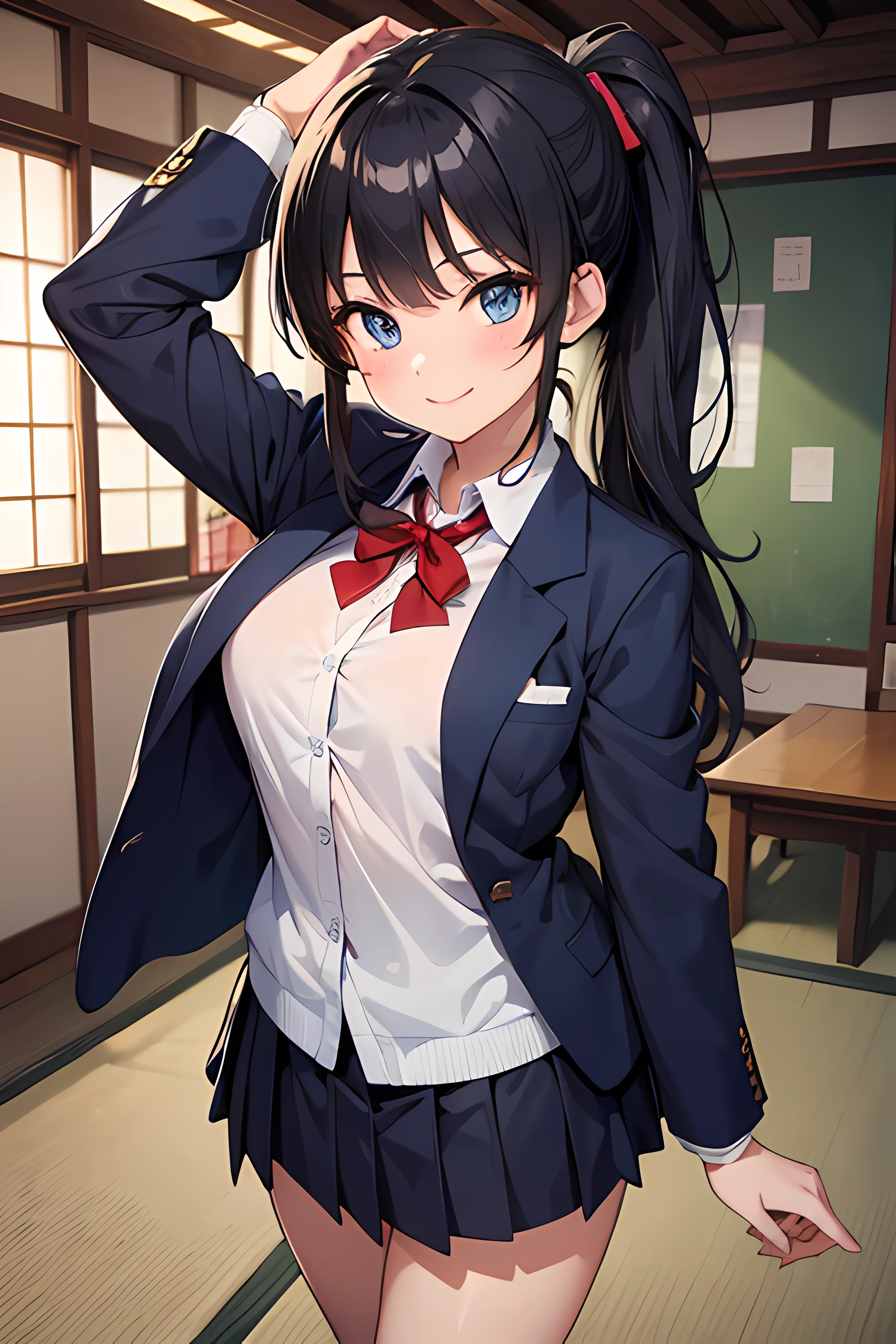 4K, UHD, masterpiece, textured skin, super detail, high quality, retina, motion blur, black hair, split ponytail hair, blue eyes, cute smile, wearing blazer japanese school uniform blue navy, wearing japanese school uniform,