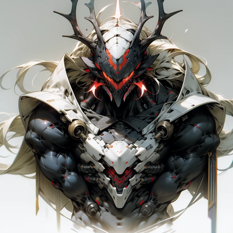 Three-meter-long humanoid alien creatures,the right proportions,robust,Male,Robust body,Large, Sharp, red fluorescent claws,The fair-skinned body has black streaks,The white head has antlers,No eyes,There are no facial features,The chin is full of teeth,electric aura,No hairy