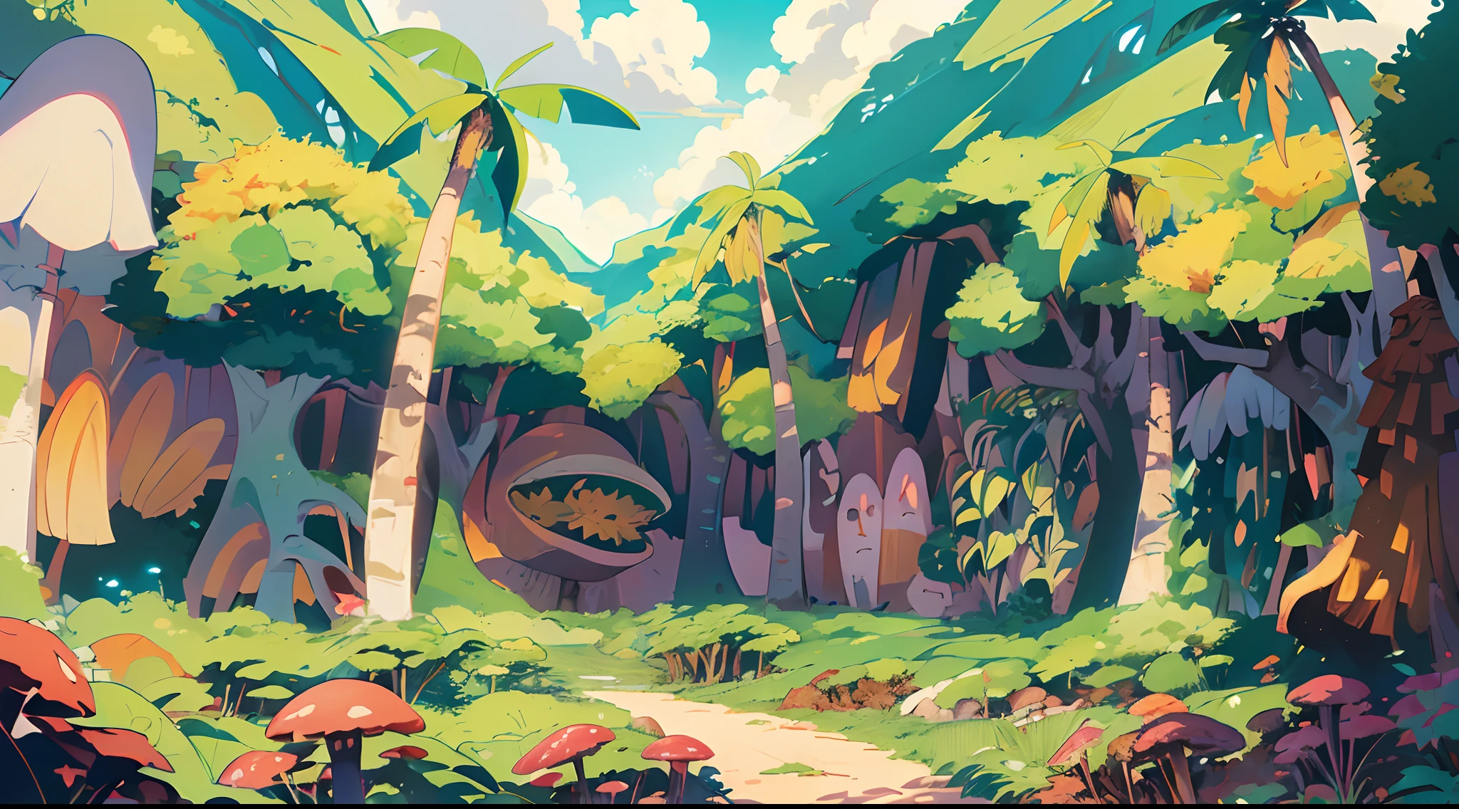 (anime style background, anime background illustration:1.3), (detailed, high quality, high resolution, masterpiece), a shady jungle, palm trees, some trees with and, monstera leafs, mushrooms, big rocks under the trees, (mountain in the background), (empty sand ground in front of trees), blue sky, forest in background, jungle in background,