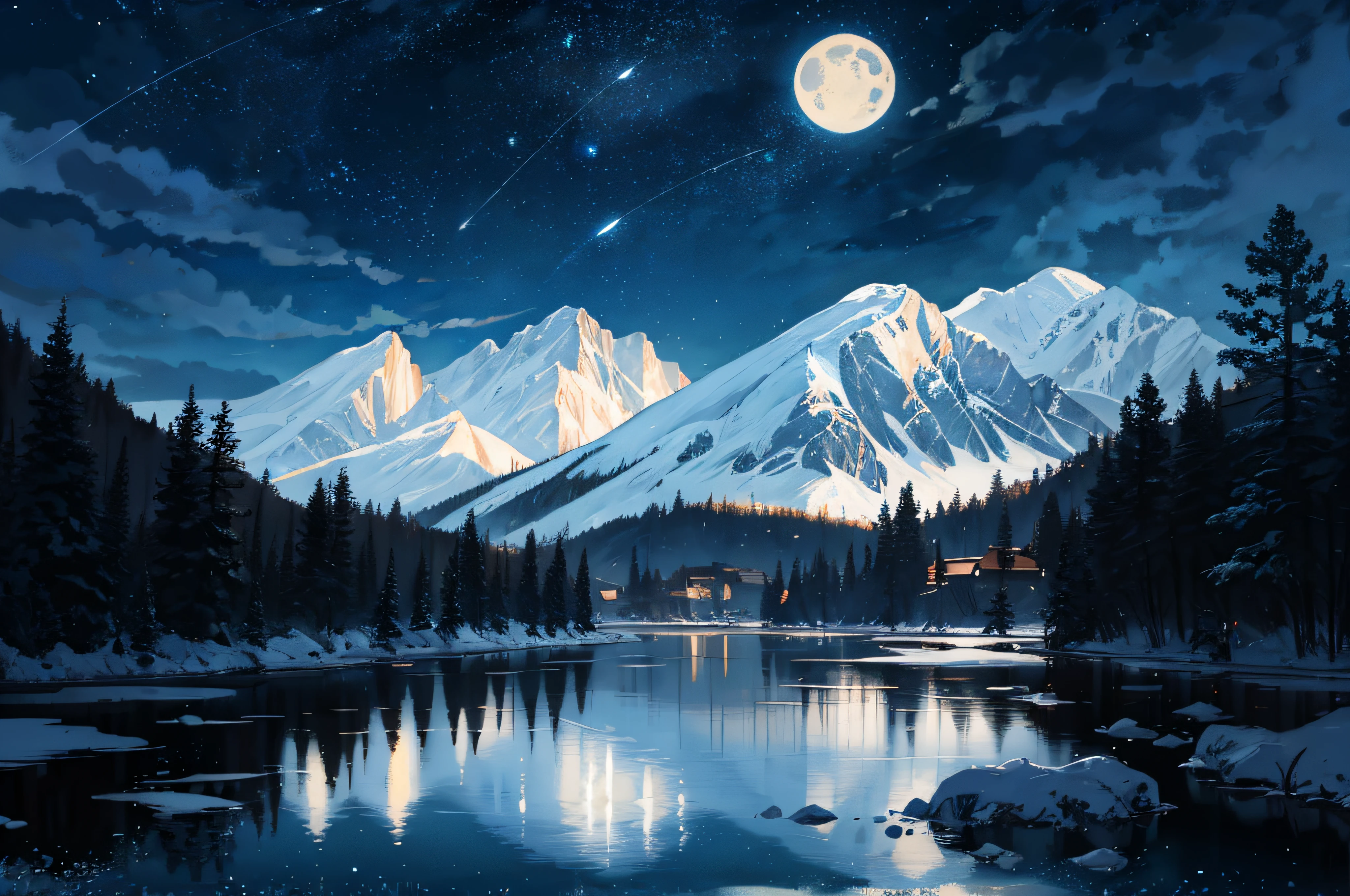 A painting of a river with stars and moon in the sky, concept art inspired by Tosa Mitsuoki, pixiv contest winner, best quality, fantasy art, beautiful anime scene, a bright moon, moonlit starry environment, dream painting, Anime Background Art, Fantasy Landscape Art, Fantasy Night, Anime Background, Background Artwork, Fantastic Art, Atmospheric Anime, Starry Sky, Detail Enhanced.