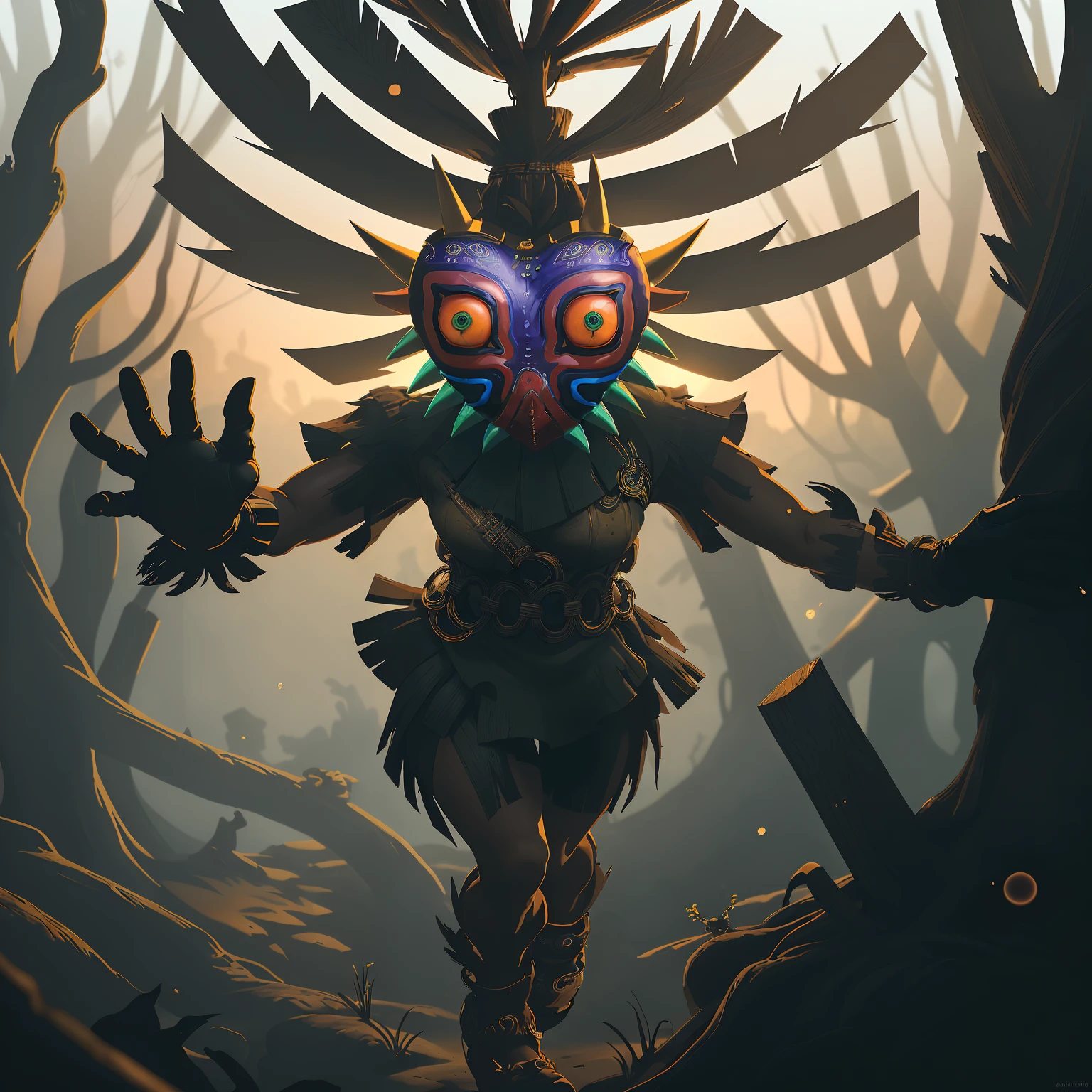 Inspired by "Tears of the Kingdom," the Skull Kid, shrouded in a captivating blend of playfulness and mystery, delves deeper into the lush Kokiri Forest, as the sunlight casts intriguing shadows and vibrant hues, revealing hidden secrets and fantastical creatures within its sacred confines. BREAK, 1girl, Skull kid, mask, solo, (realistic:0.5), masterpiece, solo, (best quality, perfect detailed, beautifully detailed face, detailed eyes), glistening shiny, ray tracing, DOF, HDR, shiny hair, (soft particles floating:1.1), ((looking at viewer)), (full body:1.1), ((8k wallpaper)), ((highres)), (day:1.3), sky, outdoors, outstretched arms, feminine focus, gloves, (cyberpunk:1.3), (futuristic:1.1), (Kokiri Forest City:1.2)