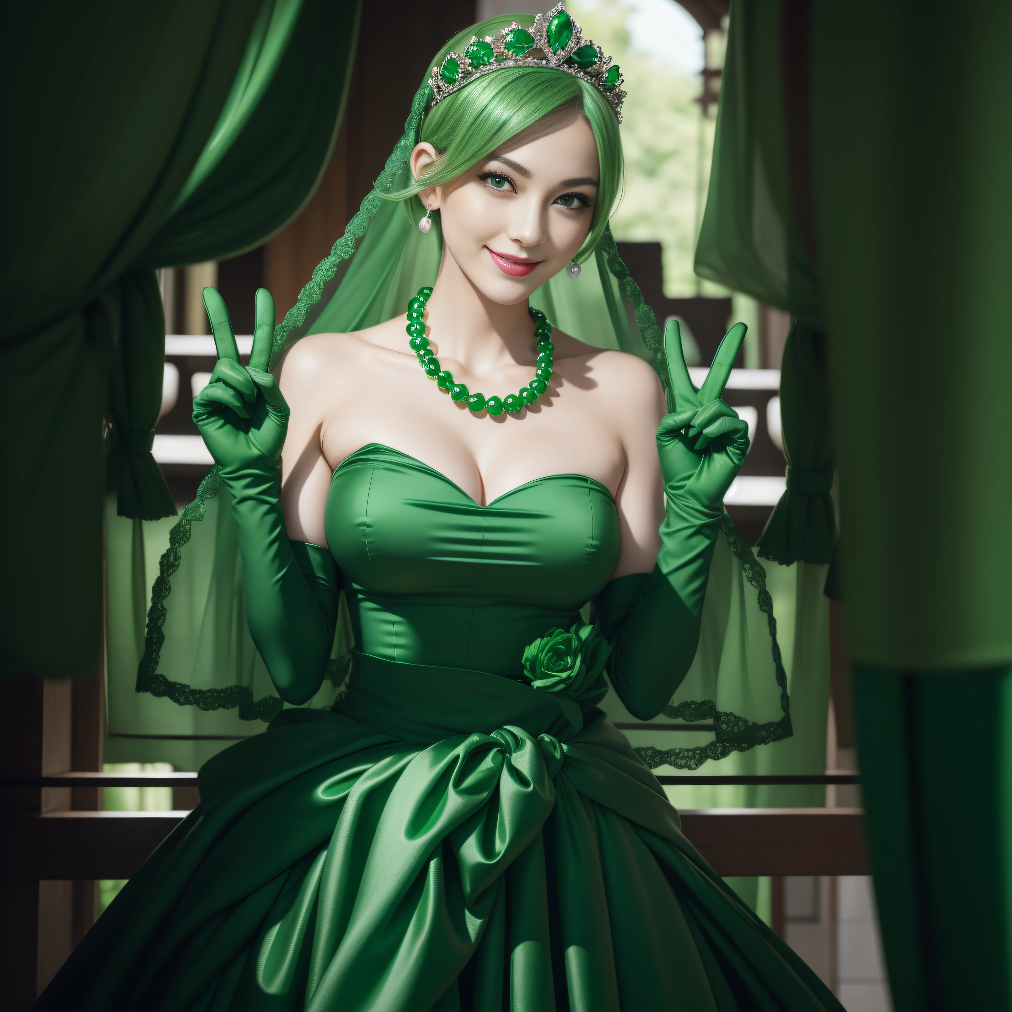 emerald tiara, Green Pearl Necklace, Boyish very short green hair, lipsticks, Japan woman smiling, very short short hair, big breasts beautiful, Green eyes, Long green gloves made of satin material, Green eyes,v sign