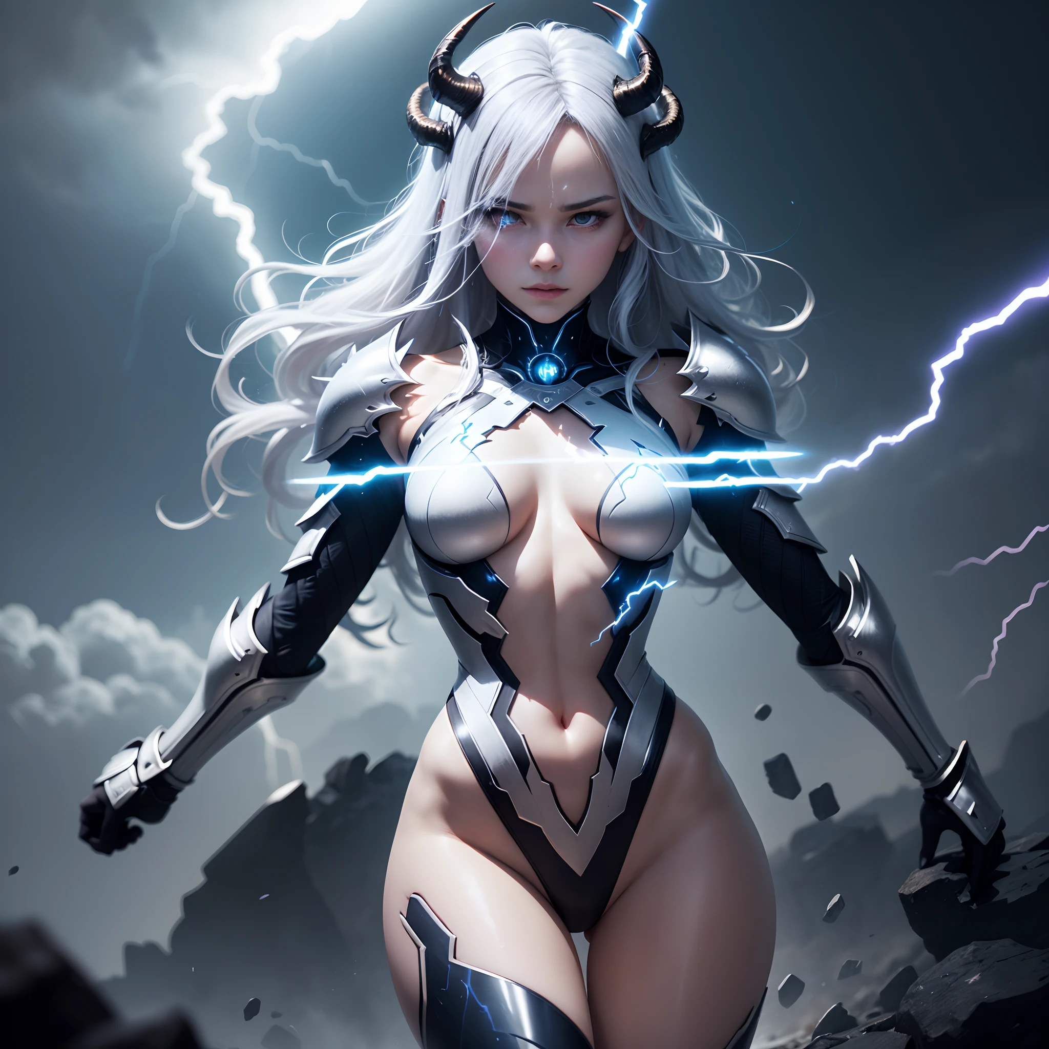 Raiden Zeus - Maiden, Silver emanation, Lightning and lightning surround the body, Lightning storm, Lightning glowing eyes, There is a lightning tattoo tattoo on the arm, Wearing white gold trimmed Thunder Halo armor, Colored inner hair, Dragon horns, disdain, futurism, romanticism lain, Cinematic lighting, Motion blur, kanon, 8K, Best quality