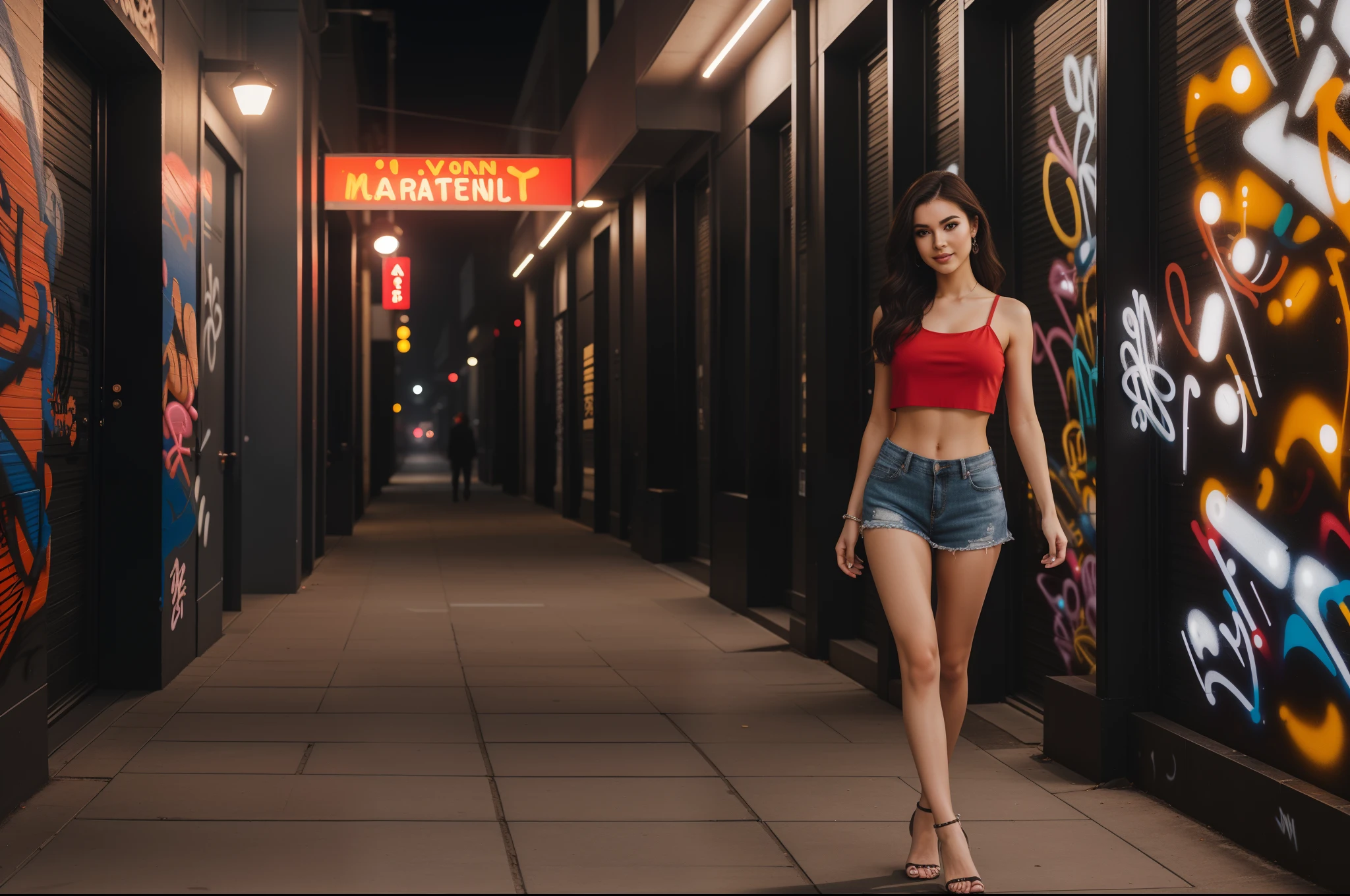 ((full-body, cinematic-shot)),(best quality,4k,8k,highres,masterpiece:1.2),ultra-detailed,(realistic,photorealistic,photo-realistic:1.37),(((1girl))),(((solo))),(((a girl alone:1.4))),(18years old),[the face is combination of (((irene1:1.2))) and (((Excella_er5:1.2)))],(sharp focus:1.5),beautiful detailed eyes,beautiful detailed lips,extremely detailed eyes and face,long eyelashes,gorgeous girl,feminine charm,pearl skin,(skin pores:1.1),extremely detailed face and skin texture,(skin texture:1.1),black hair,soft and smooth hair,tall and slender body,(192cm tall),thin and delicate figure,graceful posture,strong and defined muscles,flawless skin,defined abs,perfect curves,feminine appearance,beautiful long legs,embodying elegance and beauty,happy expression,full-smile,cleavage breasts,((wearing a ((red)) crop-top:1.3)),(no panty),(ultra-short miniskirt),(ripped jeans miniskirt),vibrant colors,extremely detailed and realistic ((red)) clothes,(colorful),(film grain:1.3),night in the city,shimmering lights,city skyline silhouette,dramatic shadows,atmospheric fog,reflective surfaces,mysterious alleyway,beautifully lit windows,neon signs,portrait photography,soulful expressions,colorful bokeh,city noise,romantic ambience,texture of skin,sheen of hair,detailed facial features,fashionable clothing,faint moonlight,subtle makeup,bare skin,natural beauty,impeccable grooming,modern cityscape,urban landscape,(graffiti art:1.4),warm color palette,dynamic composition,nighttime serenity,metropolitan hustle and bustle,emotional connections,depth of character,soft shadows,nighttime tranquility,VIP access,exclusive location,stylish architecture,haunting beauty,emerging stars,street fashion,high-end luxury,nighttime rendezvous,brand endorsements,award-winning photography,vogue-worthy images