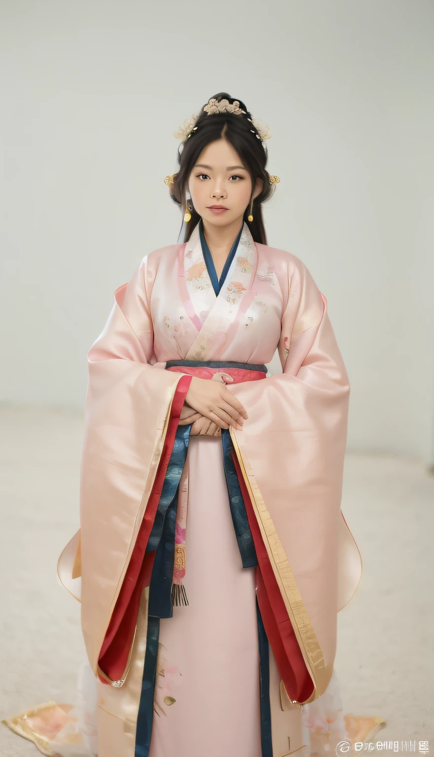 A woman in a pink dress poses for a photo, Wearing ancient Chinese clothes, Hanfu, Traditional Chinese clothing, with acient chinese clothes, White Hanfu, Palace ， A girl in Hanfu, wearing a noblewoman's outfit, Princesa chinesa antiga, inspired by Jeong Seon, korean hanbok, ancient asian dynasty princess, Chinese costume, Hanbok