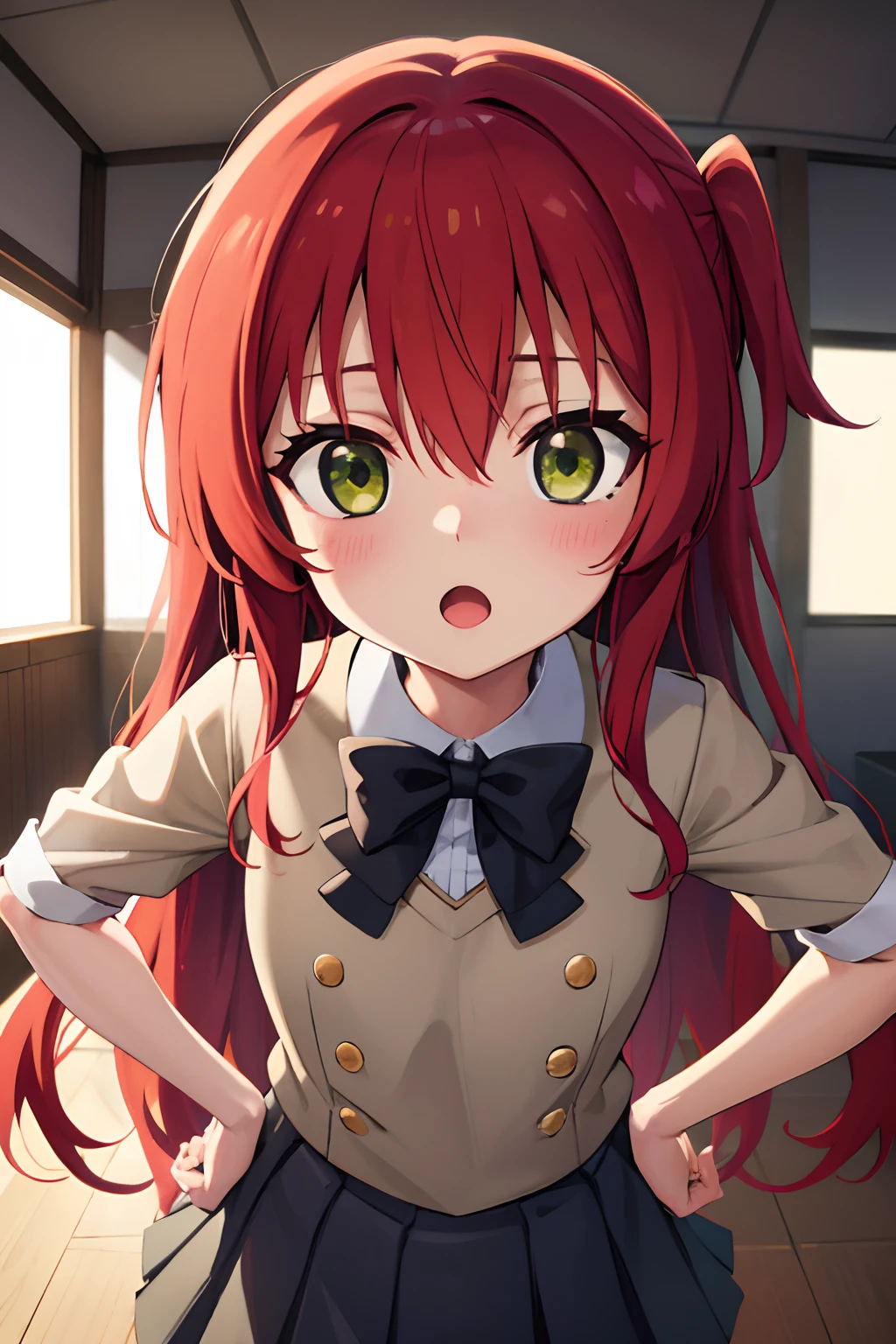 kitaikuyo, ikuyo kita, (green eyes:1.5), hair between eyes, long hair, one side up, red hair, (flat chest:1.2),
BREAK black footwear, black skirt, grey sailor collar, pleated skirt, sailor collar, school uniform, shoes, short sleeves, shuka high school uniform, skirt,,
BREAK looking at viewer,
BREAK indoors, classroom,
BREAK (masterpiece:1.2), best quality, high resolution, unity 8k wallpaper, (illustration:0.8), (beautiful detailed eyes:1.6), extremely detailed face, perfect lighting, extremely detailed CG, (perfect hands, perfect anatomy),up chest.big breasts.Sad face.open mouth.put hands on the hip.look from above.