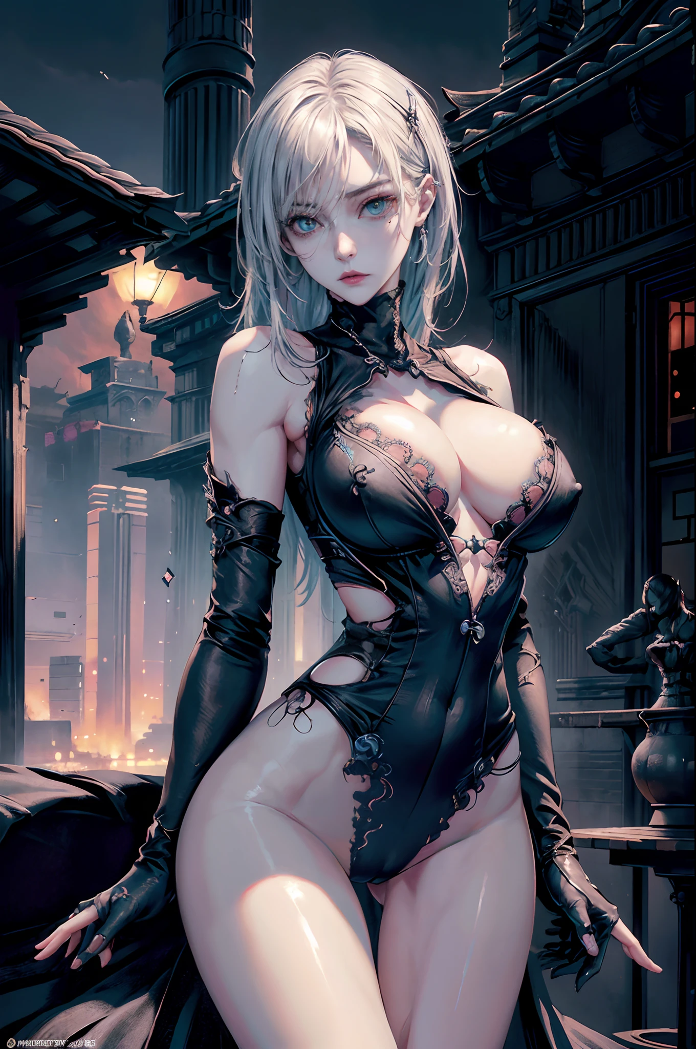 Cinematic lighting,super detailed skin、Beautiful detailed eyes、Best Quality,cyberpunked,(Alternative、dim colors, Soothing tones:1.3),NSFW(1beautiful woman、Detailed beautiful facial features、Blue and Black Odd-Eye、slenderbody:1.3)(well-shaped breasts、cleavage of the breast、Stand nipple、Ripped clothes:1.5).Cyber City Destroyed、Doomsday World、Cyber Japan with a sword in hand、model poses、On the roof of a building